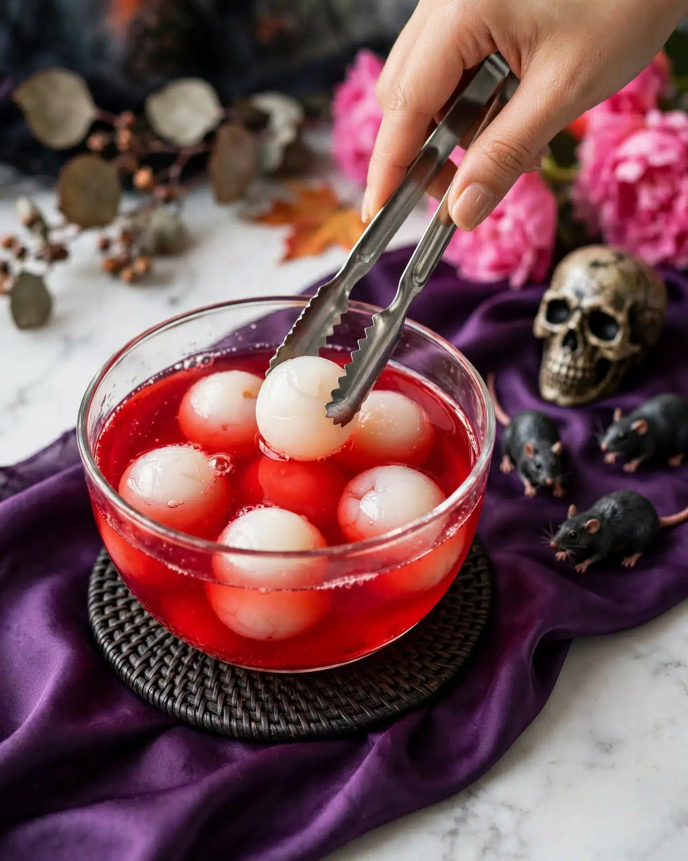 A clear glass bowl filled with a red liquid that has several white round shapes floating inside, resembling eyeballs with dark centers. The bowl sits on a dark coaster placed on a white marbled surface covered with deep purple silky fabric. A woman's hand holding silver tongs is reaching into the bowl. In the background, there are bright pink flowers and a small skull decoration with some black rat figures on the fabric. Photo taken with an iphone --ar 4:5 --v 7