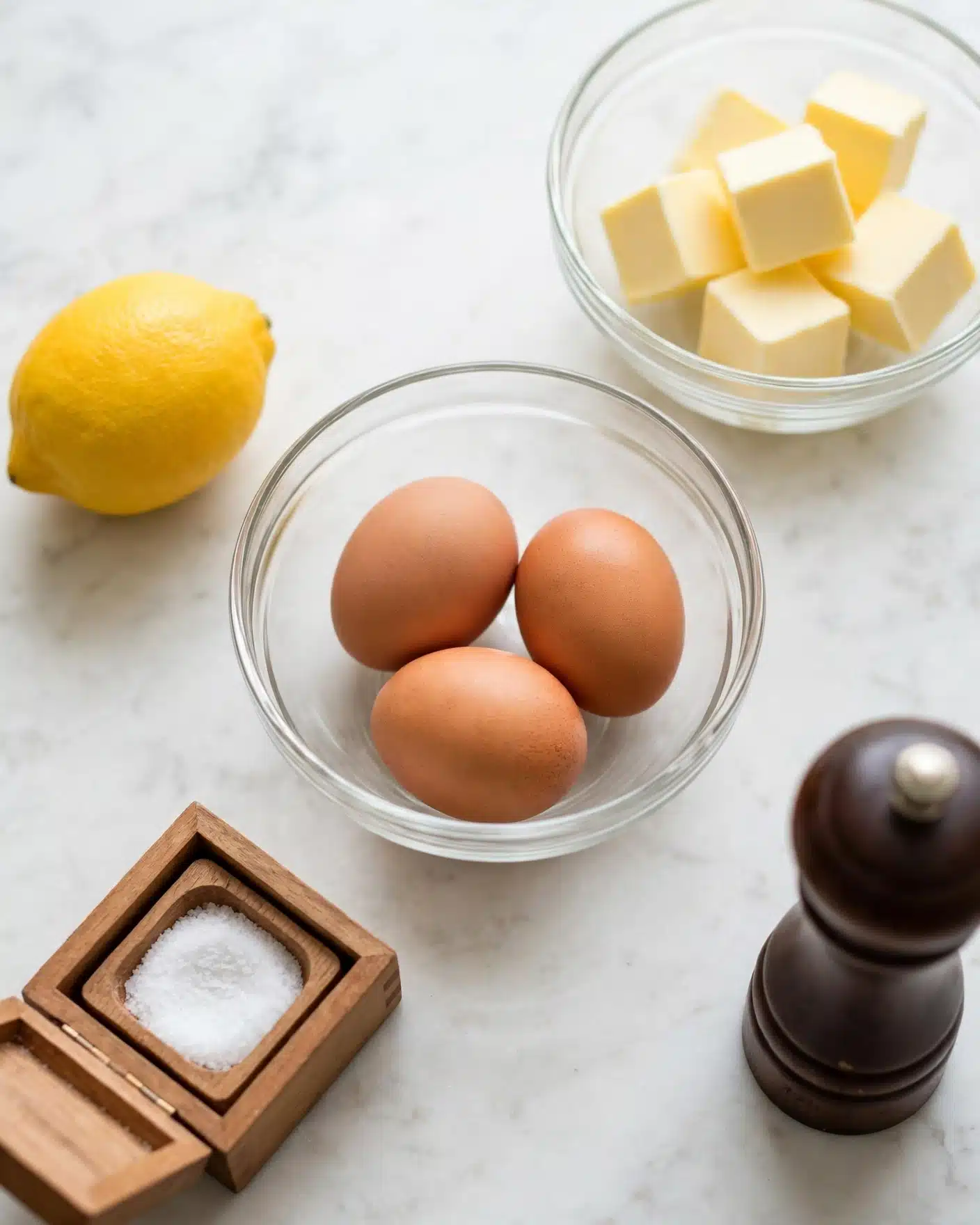 Classic Hollandaise Sauce Recipe 4 The image shows three brown eggs in a clear glass bowl placed at the center on a white marbled surface. To the top right, there is another clear glass bowl with several yellow butter cubes. To the left, a whole yellow lemon is visible with a smooth skin texture. At the bottom left, there is a wooden container partially open, revealing white salt inside. On the bottom right corner, a dark brown pepper grinder is placed vertically. The whole setup is clean and bright with soft lighting. photo taken with an iphone --ar 4:5 --v 7