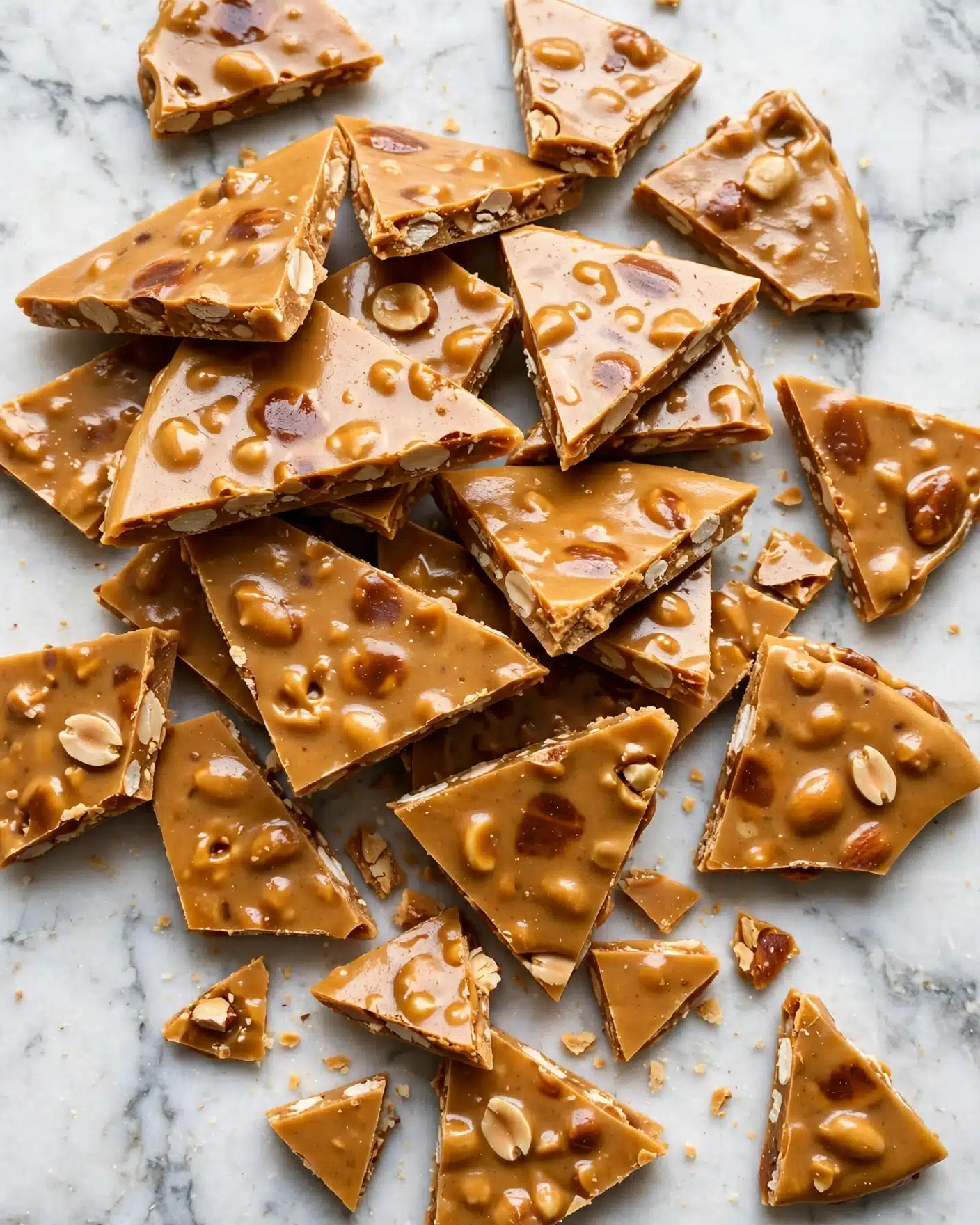 The image shows many pieces of light golden brown brittle in triangular shapes, stacked and scattered closely together. Each piece has a smooth, shiny surface with some darker brown spots and small fragments of nuts embedded inside, giving a bumpy texture. The pieces vary in size and thickness, with some edges slightly rough and broken. The brittle has an overall hard and crunchy look with a warm, inviting color. The background is a white marbled texture photo taken with an iphone --ar 4:5 --v 7