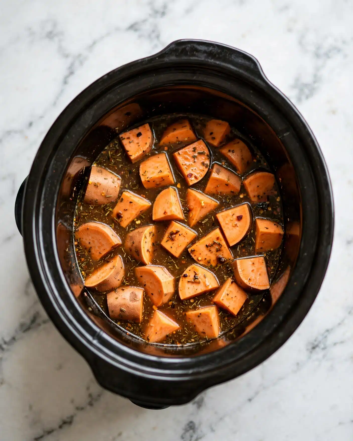 Inside a black slow cooker, there is one layer of medium-sized light orange sweet potato pieces. The sweet potato pieces are evenly spread at the bottom and are covered with a dark brown spiced liquid that shows small specks of seasoning on the wet pieces. The slow cooker sits on a white marbled surface. photo taken with an iphone --ar 4:5 --v 7