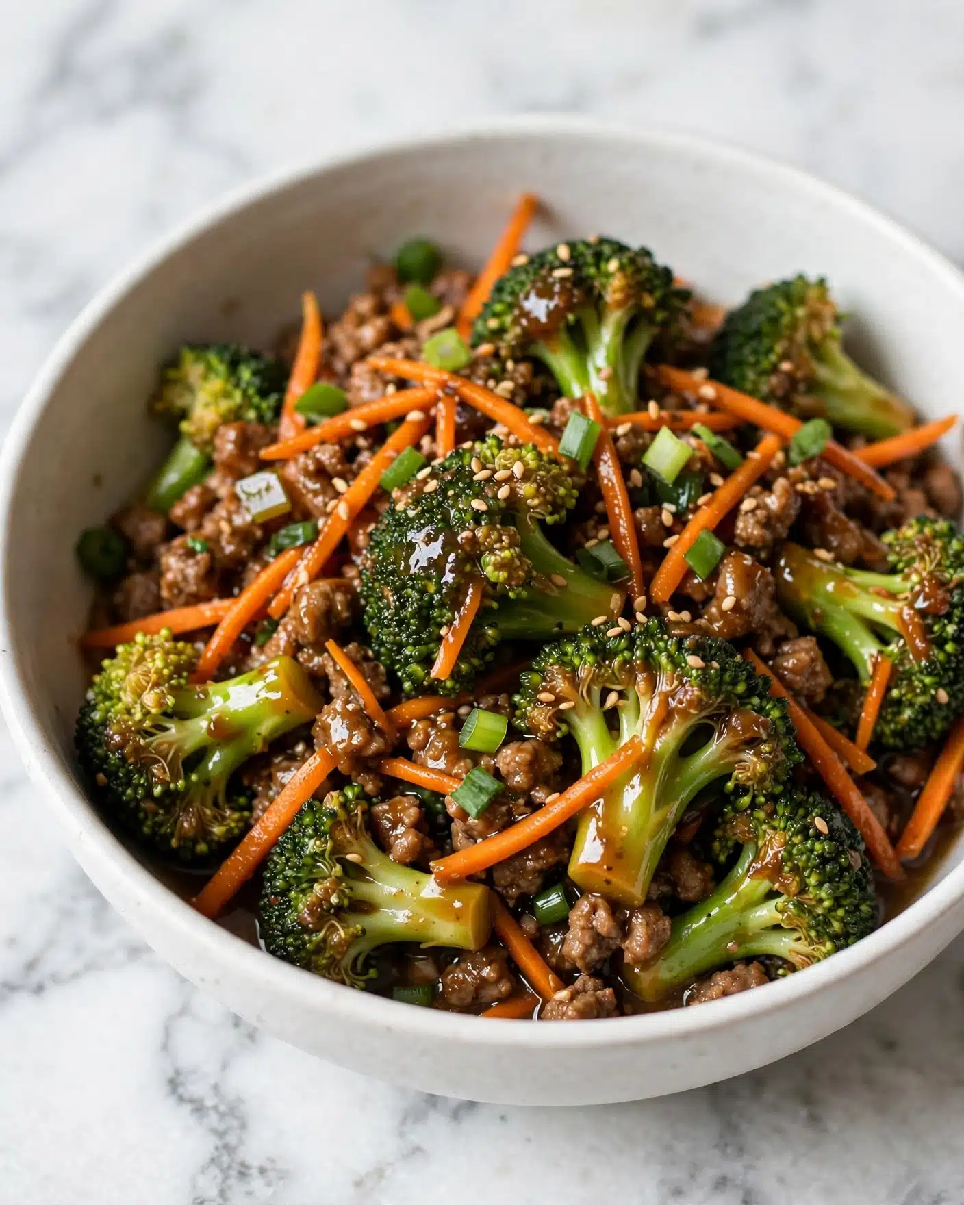 A close-up of a cooked dish in a white bowl with soft edges, sitting on a white marbled surface. The dish has three main layers mixed together: bright green broccoli florets with a slightly textured surface, small orange carrot strips adding contrast, and small browned pieces of ground meat spread evenly throughout. The ingredients are coated in a shiny brown sauce and topped with small bits of chopped green onions and sesame seeds scattered across the dish. The focus is on the vibrant mix of colors and textures making a fresh, tasty look. photo taken with an iphone --ar 4:5 --v 7