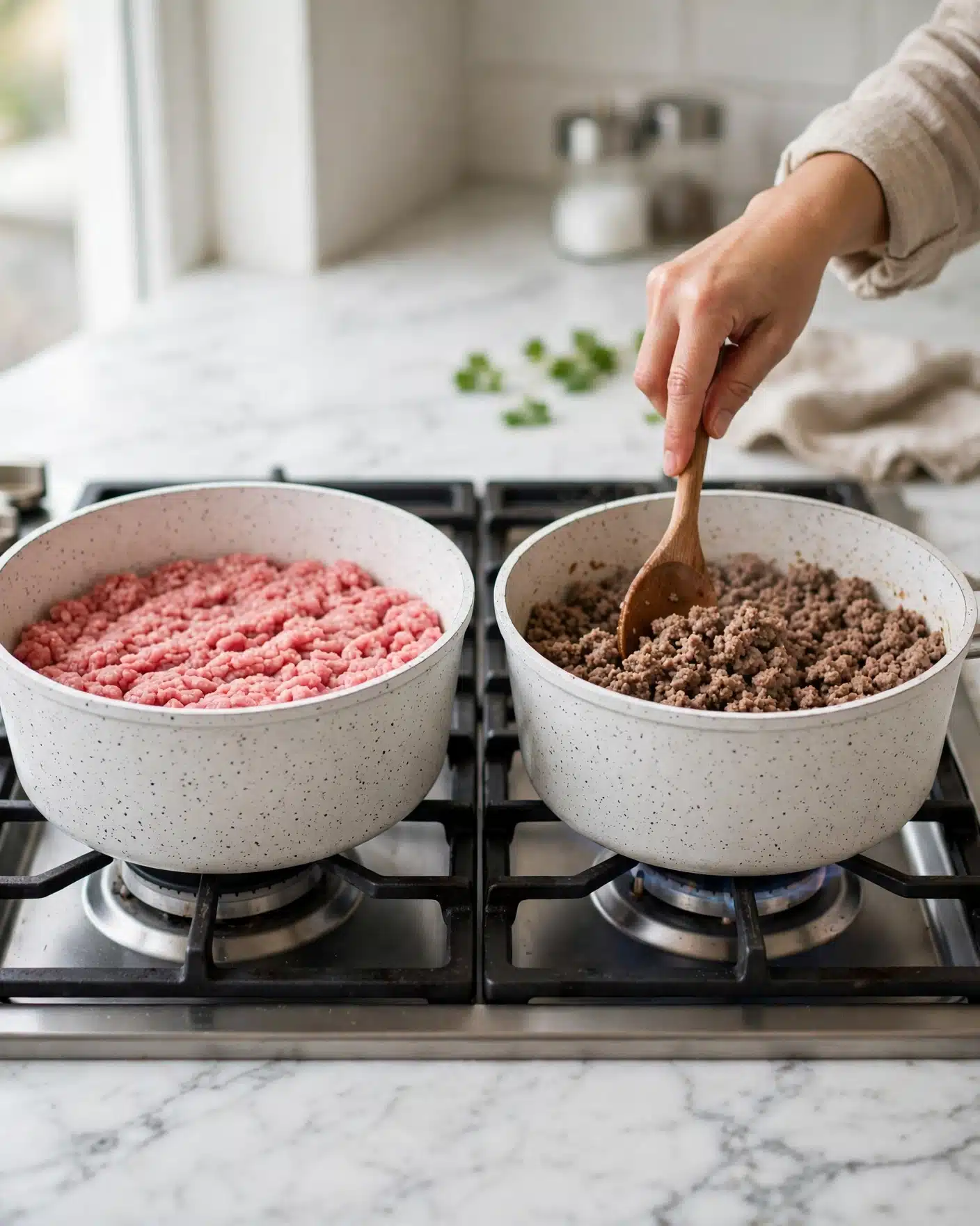 A white pot sits on a stove with raw ground meat inside, showing a fresh pink color and soft texture spread across the bottom. Next to it, the same pot contains cooked ground meat that has turned pale brown with a crumbly texture, being stirred by a woman's hand holding a wooden spoon. The stove and pot rest on a white marbled surface photo taken with an iphone --ar 4:5 --v 7