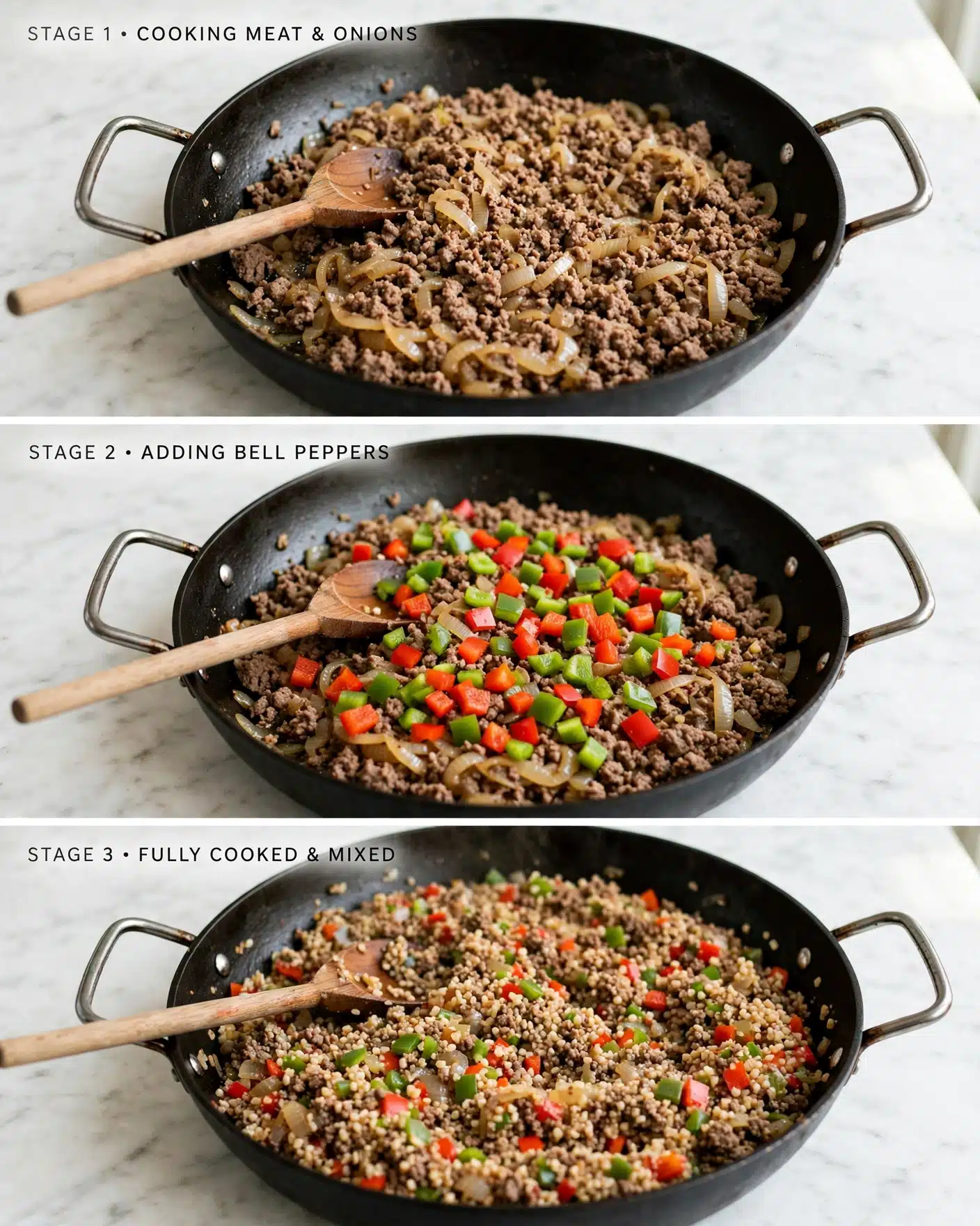 The image shows three stages of making a cooked dish in a large black pan with metal handles, placed on a white marbled surface. In the first stage, cooked brown ground meat mixed with translucent, soft onions fills the pan, stirred by a wooden spoon with a long handle. In the second stage, diced red and green bell peppers are added on top of the meat and onions, creating a colorful contrast with the brown and white base, the wooden spoon still resting in the pan. In the final stage, the dish appears fully cooked with a mix of finely chopped red and green peppers, ground meat, and grain-like pieces, all blended together with a soft texture, and the wooden spoon placed inside the pan. Photo taken with an iphone --ar 4:5 --v 7