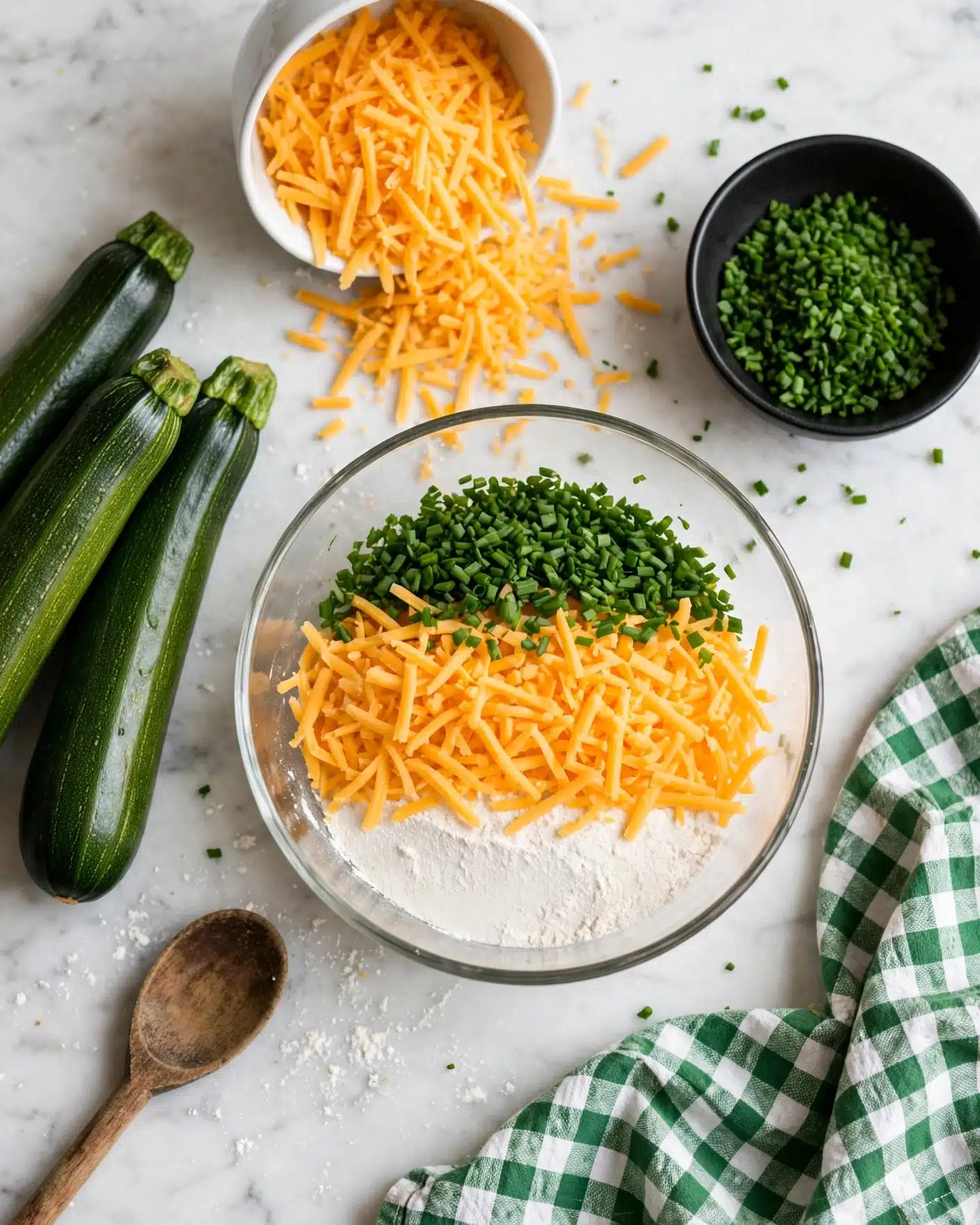 Zucchini Cheddar Bread Recipe 4 A glass bowl sits on a white marbled surface, filled with three clear layers: the bottom layer is white flour, the middle layer is bright orange shredded cheese, and the top layer is finely chopped green chives. To the left on the surface are three dark green zucchinis. Above the bowl, an overturned white bowl spills extra orange shredded cheese and a black bowl holds more chopped green chives. A green and white checkered cloth and a wooden spoon are placed near the lower right and lower left corners. Photo taken with an iphone --ar 4:5 --v 7