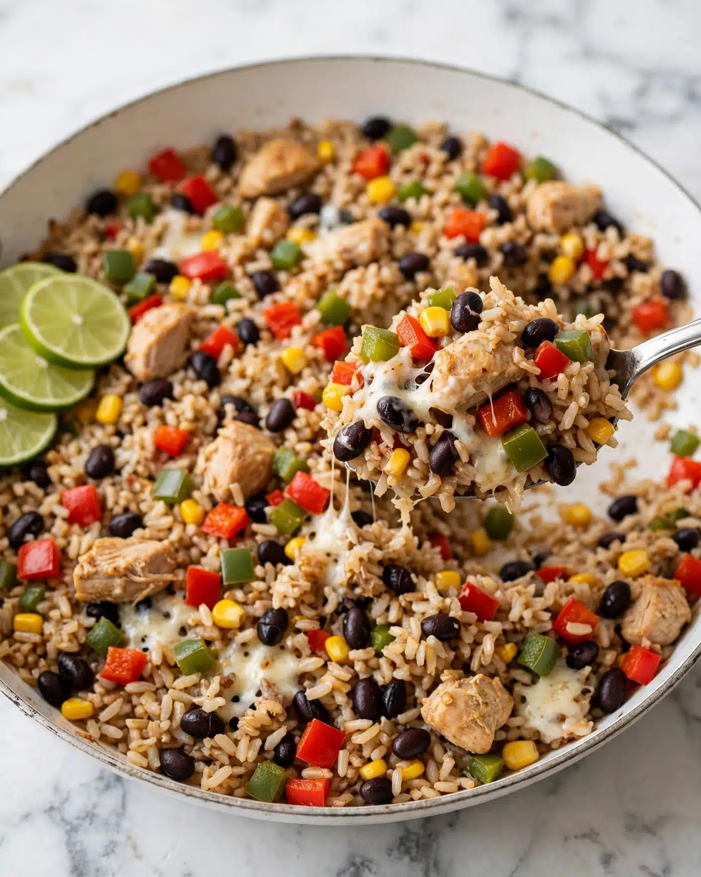 Cheesy Southwest Chicken and Rice Recipe 5 The image shows a close-up of a colorful cooked rice dish in a large white pan. The dish has several layers, starting with a base of fluffy brown rice mixed with diced red and green bell peppers, yellow corn kernels, and black beans. Scattered throughout are chunks of light brown cooked chicken and small bits of melted white cheese that add texture. Thin slices of fresh green lime are placed on the side as a garnish. A silver spoon is lifting a portion of the rice mix, showing the detailed blend of ingredients. The background has a white marbled texture. Photo taken with an iphone --ar 4:5 --v 7