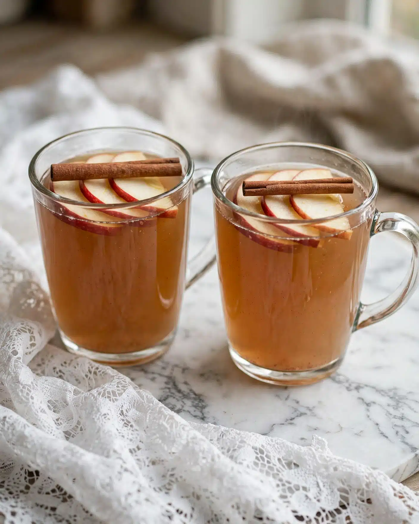 Easy Homemade Apple Cider Recipe 5 Two clear glass mugs filled with light brown drink, each topped with three thin slices of red and white apple arranged flat on the surface, and one long cinnamon stick placed on top across the apple slices. The mugs have visible handles on the right side, both sitting on a white marbled textured surface partially covered by a white lace cloth. The drink appears warm and clear, with the apple slices and cinnamon sticks adding natural textured details. photo taken with an iphone --ar 4:5 --v 7