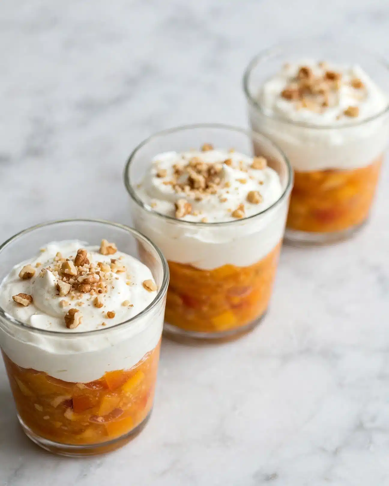 Sweet Potato Breakfast Parfait Recipe 5 The image shows three clear glass cups arranged diagonally on a white marbled surface. Inside each cup, there are two visible layers: the bottom layer is a light brown, smooth base, and the top layer is thick white cream. On top of the white cream, there is a sprinkle of light brown crushed nuts scattered unevenly. The top layers have a creamy texture with the crunchy nut pieces adding detail. The photo taken with an iphone --ar 4:5 --v 7