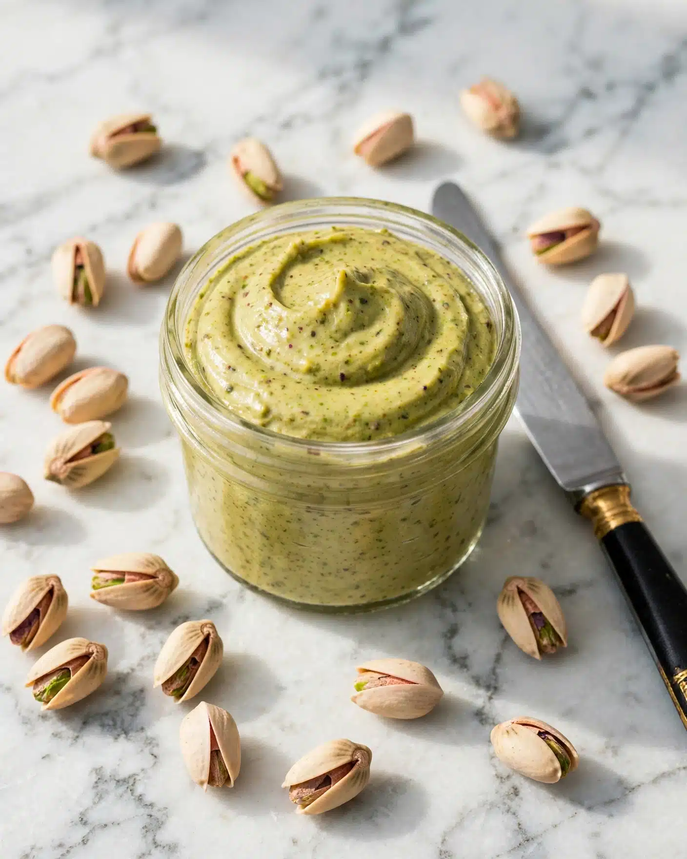 A small clear glass jar filled nearly to the top with thick, smooth pistachio spread that is light green with darker green specks, slightly mounded in the center. The jar sits on a white marbled surface scattered with whole pistachio nuts, some shelled and some unshelled. A silver knife with a black handle and golden accents lies next to the jar, its blade touching the surface. The focus is on the jar with soft natural light showing the creamy texture of the spread. photo taken with an iphone --ar 4:5 --v 7
