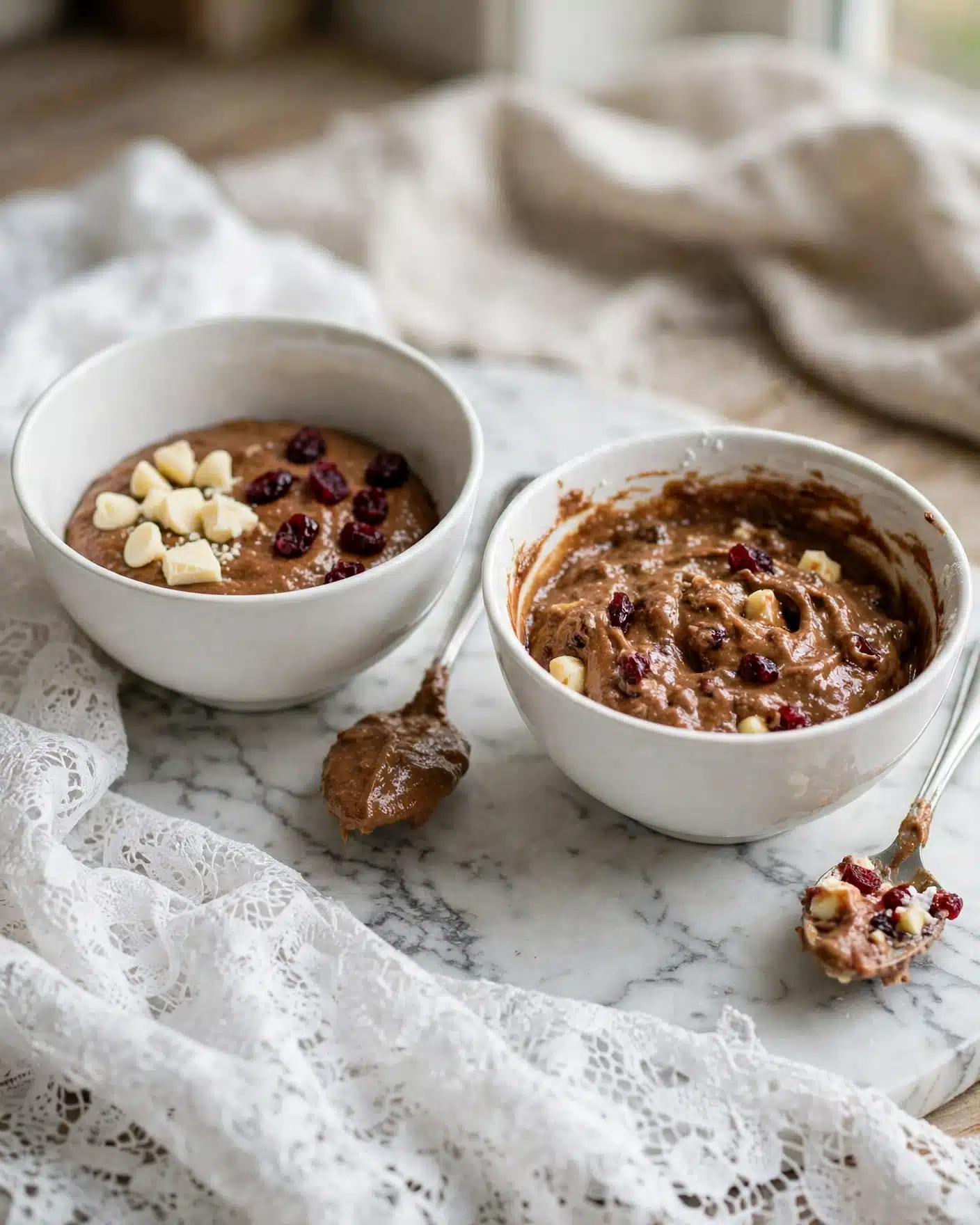 Two white bowls are shown on a white marbled surface, each filled with baking ingredients. The left bowl contains a thick brown batter at the bottom, topped on one side with small, off-white chunks of white chocolate and on the other side with small dark red dried cranberries. A metal spoon with some brown batter is placed next to the bowl on the right side. The right bowl shows the same thick brown batter fully mixed with the white chocolate chunks and dried cranberries inside. The spoon beside this bowl is coated with some brown batter as well. Photo taken with an iphone --ar 4:5 --v 7