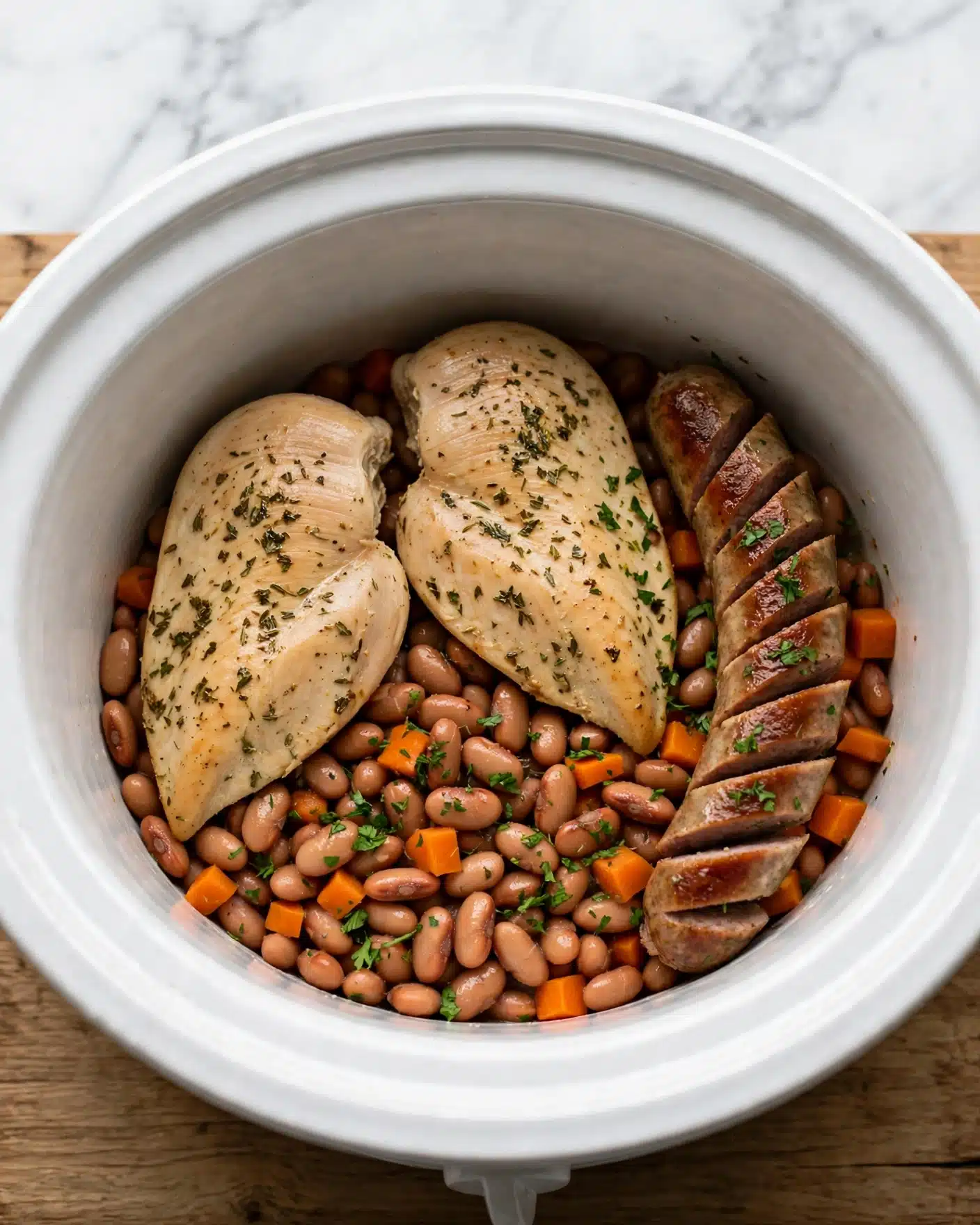Easy Slow Cooker Cassoulet with Chicken and Sausage Recipe 5 The dish has three main layers in a white bowl with a detailed rim. The bottom layer consists of light brown beans and small orange carrot pieces scattered around, forming a base. Above this, there are two pieces of cooked chicken with a pale tan color and some visible herbs on the surface. On the right side, there is a thick sausage, browned and sliced diagonally, sitting partially on the beans and carrot layer. Fresh green parsley is sprinkled lightly all over the top, adding a touch of color contrast. The bowl is placed on a white marbled surface. photo taken with an iphone --ar 4:5 --v 7