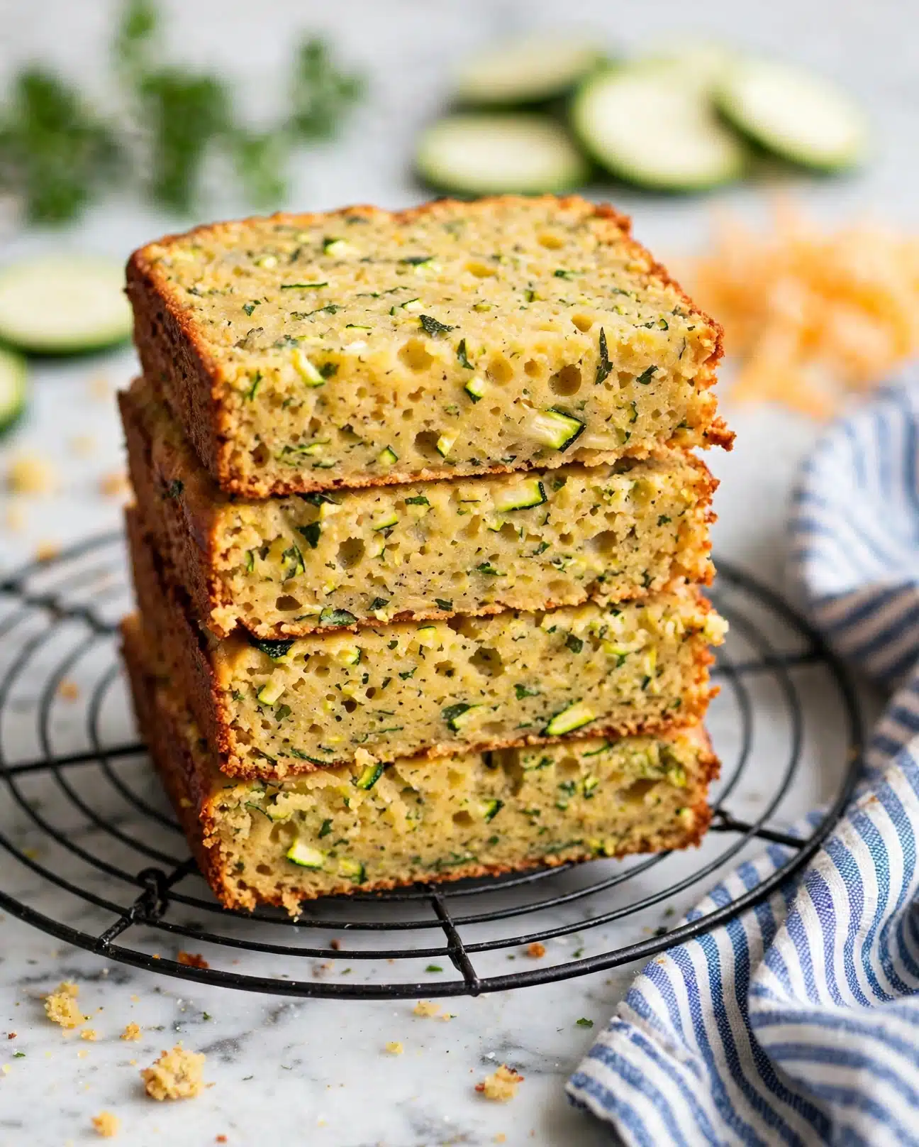 Zucchini Cheddar Bread Recipe 5 A close-up view of a golden yellow savory bread loaf with small green herb bits visible inside and on top, showing a soft, airy, and moist texture with tiny air holes throughout. The loaf rests on white parchment paper set on a wire rack over a white marbled surface. In the background, there are blurred white bowls with bits of shredded yellow cheese and green herbs. The top of the loaf has a lightly browned, slightly crisp crust sprinkled with fresh green herbs. photo taken with an iphone --ar 4:5 --v 7