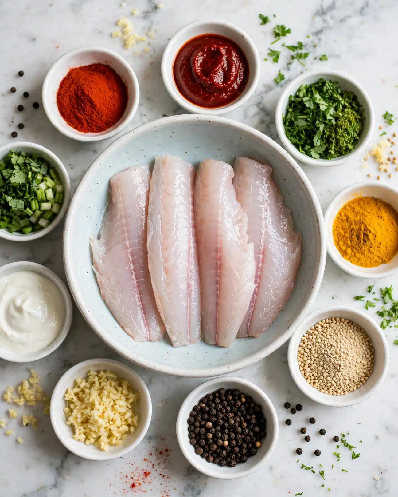 In the center of the image is a white bowl filled with four pale, raw fish fillets with a smooth, slightly wet texture. Surrounding the bowl is a circle of small white bowls each containing different ingredients: bright red powder, deep red paste, green chopped herbs, fine yellow powder, beige granules, black pepper, and light yellow minced garlic. There is a bowl with a creamy white sauce and others with chopped green leaves and various spices. The background is a white marbled surface that adds a clean, fresh look to the composition. photo taken with an iphone --ar 4:5 --v 7