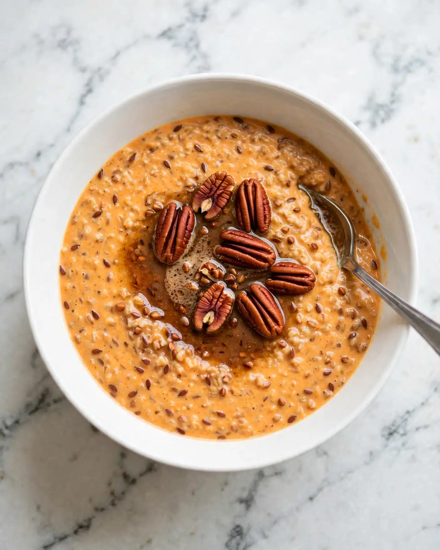A white bowl filled with a creamy, orange oatmeal mixed with small brown grains throughout. On top, there is a small pool of melted brown butter sauce that glistens and is slightly sunken in the middle. Scattered over the sauce are several whole pecan halves, deep reddish-brown and textured with ridges. A silver spoon rests inside the bowl, positioned on the right edge. The bowl is placed on a surface with a white marbled texture. photo taken with an iphone --ar 4:5 --v 7