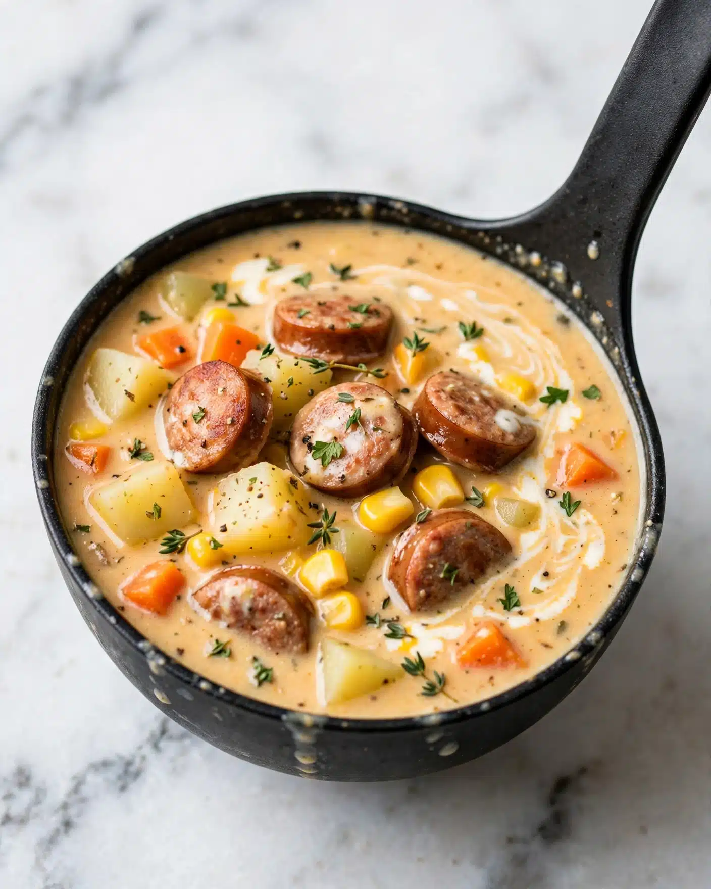 Creamy Kielbasa Potato Soup Recipe 5 A close-up view of a creamy soup held inside a black ladle, showing several layers of ingredients. The soup has a light orange-yellow color with a smooth, thick texture and visible specks of herbs and spices. Inside the ladle, there are chunky layers of sliced sausage with a reddish-brown color, diced potatoes in a pale yellow shade, bright yellow corn kernels, and small orange carrot pieces, all mixed together in the creamy base. The soup fills the ladle and the pot, with some green herbs sprinkled on top and tiny drops of cream adding a swirl effect on the surface. The background is a white marbled texture. Photo taken with an iphone --ar 4:5 --v 7