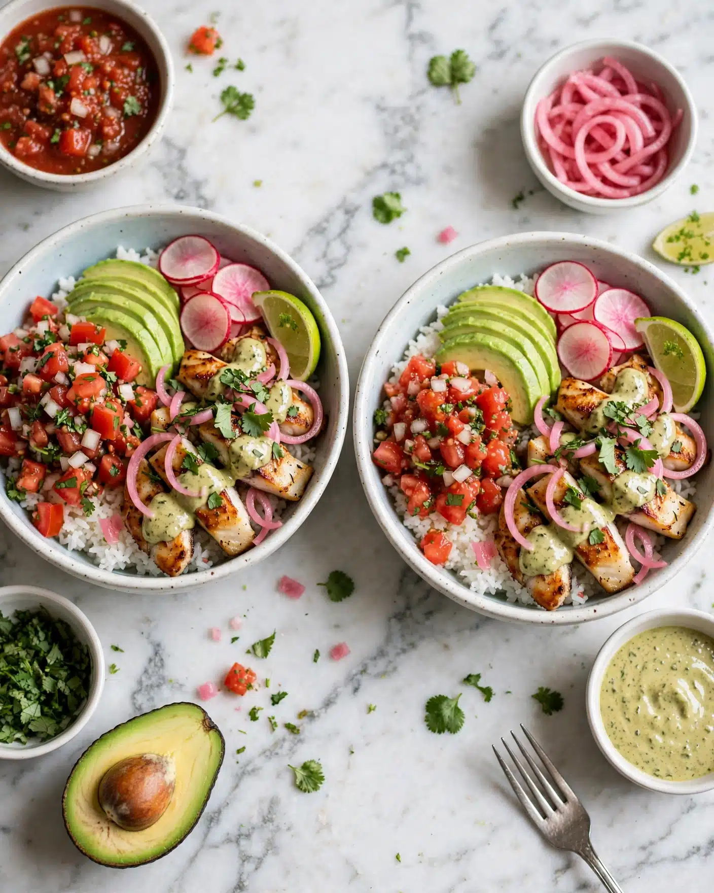Two white bowls filled with a layered dish sitting on a white marbled surface, each bowl containing a base of white rice topped with pieces of golden-browned grilled fish, thin slices of pink pickled onions, dollops of chunky red salsa, thin slices of white radish with red edges, and smooth green avocado slices arranged neatly on one side. Lime wedges rest on the rice in each bowl, and a creamy yellow-green sauce is drizzled over the fish and other ingredients. Around the bowls, small white bowls hold extra salsa, pickled onions, lime wedges, chopped green herbs, and a creamy sauce, while a half avocado with a brown pit sits cut open near a fork. The overall colors are bright and fresh with a mix of white, green, red, and creamy tones, photo taken with an iphone --ar 4:5 --v 7