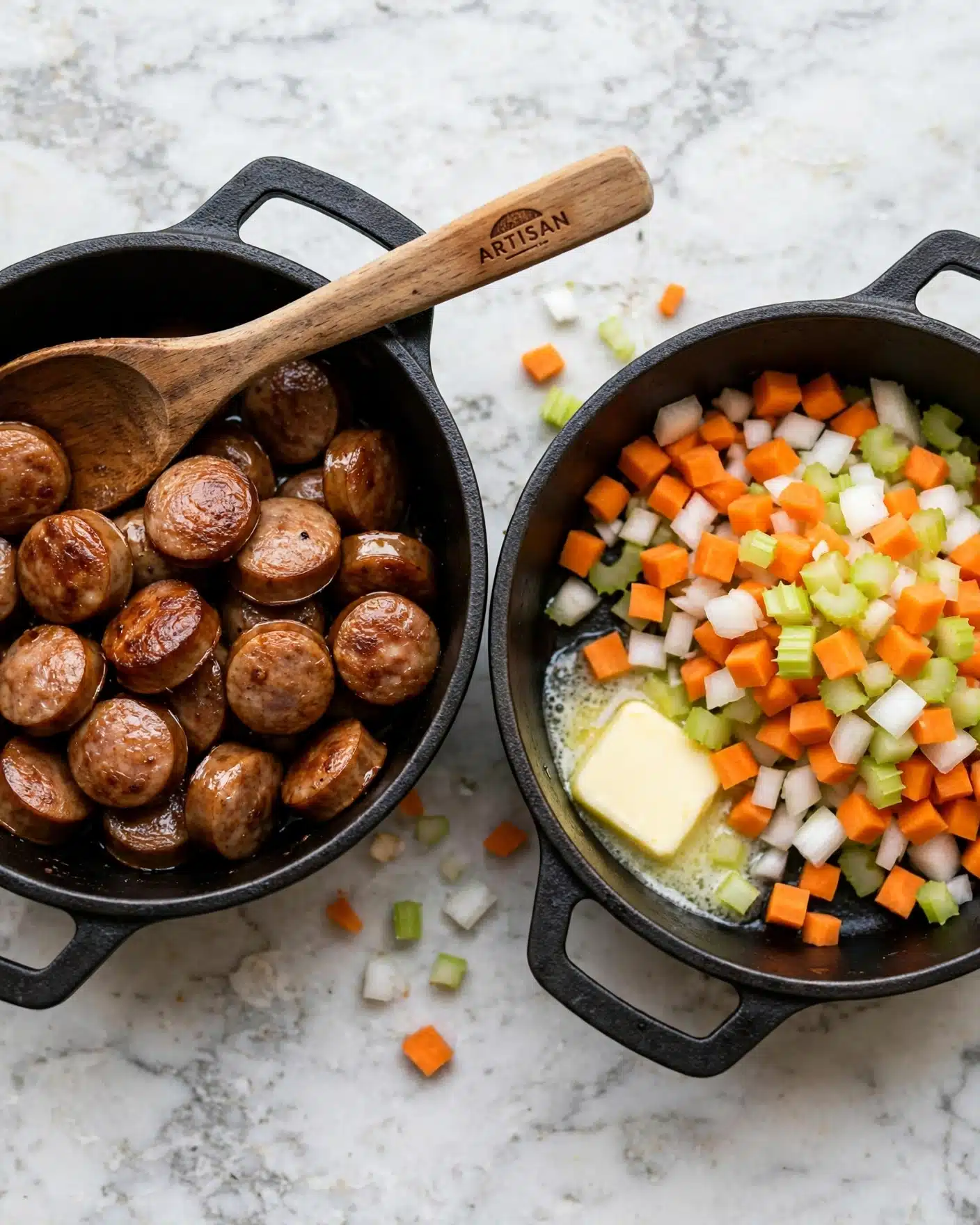 Creamy Kielbasa Potato Soup Recipe 4 The image shows two black pots placed on a white marbled surface. The left pot is filled with browned sausage slices that have a slightly shiny, cooked texture, and a wooden spoon with an engraved logo rests on top. The right pot contains a square piece of melting butter on the bottom left, topped with evenly chopped orange carrots, white onions, and light green celery, creating a colorful layered mixture. Photo taken with an iphone --ar 4:5 --v 7