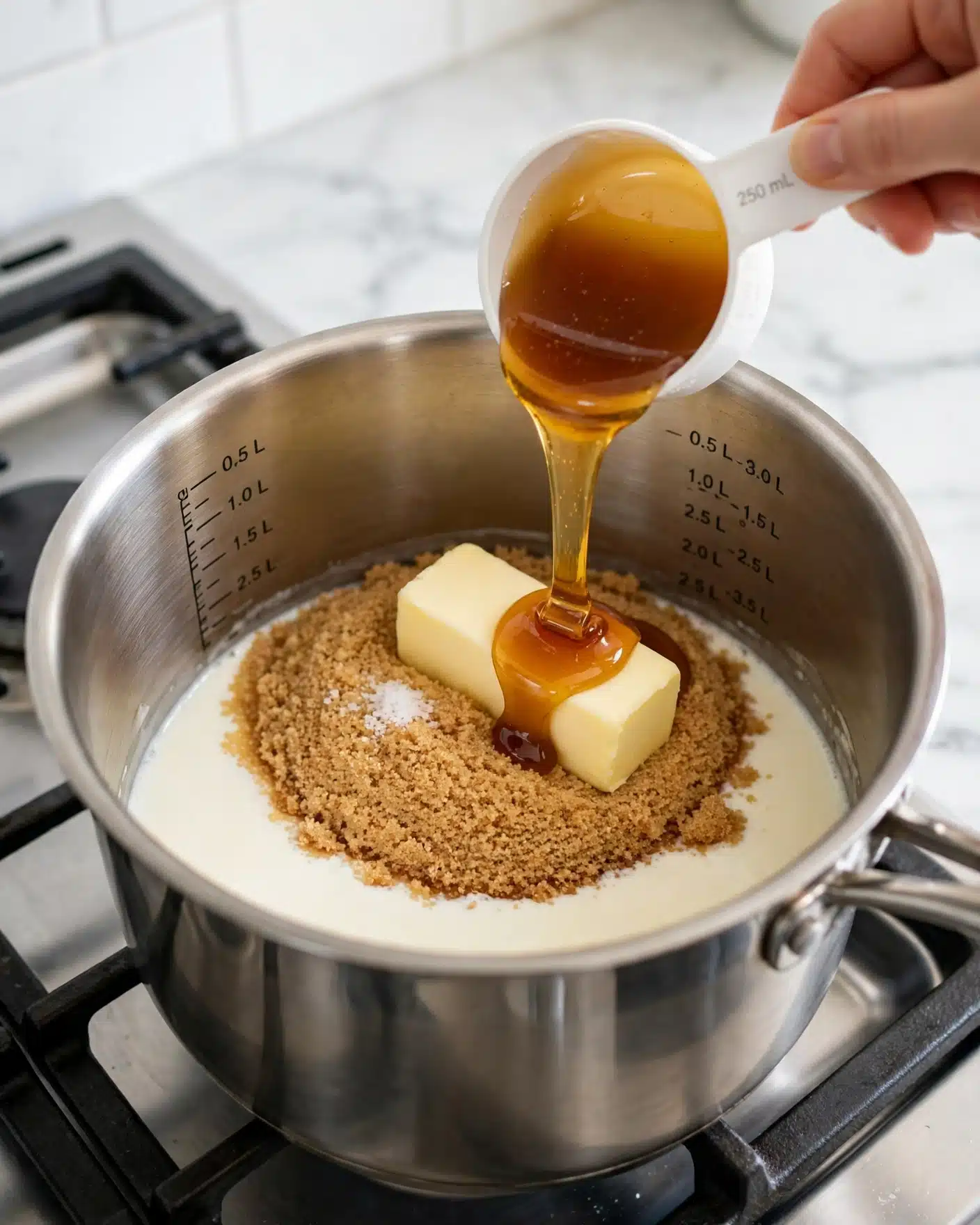 Caramel Turtle Bark Recipe 4 A shiny stainless steel pot sits on a stove with markings on its inner side showing measurements up to 3 liters. Inside the pot, there are four visible layers: a base of creamy white liquid, a large rectangular stick of pale yellow butter resting on a pile of light brown sugar with a small white sprinkle of salt on top. Above these, thick amber-colored syrup is being poured from a white measuring cup held by a woman's hand. The bright light highlights the textures and colors clearly. The background features a white marbled texture. photo taken with an iphone --ar 4:5 --v 7