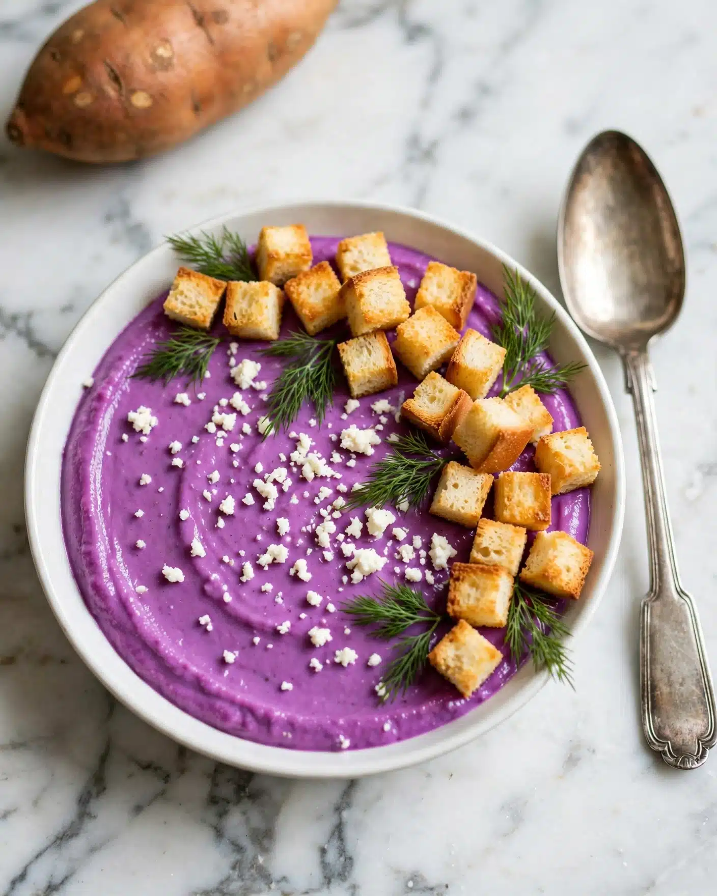 Purple Sweet Potato and Beet Soup Recipe 5 A single white shallow bowl displays a smooth bright purple puree spread evenly across the entire base. On top, there are scattered small white cheese crumbles and golden toasted bread cubes arranged along a curved line, accented with several fresh green sprigs of dill for a pop of color and texture contrast. The bowl is set on a white marbled surface with a large vintage spoon resting beside it, and a whole sweet potato visible in the background. Photo taken with an iphone --ar 4:5 --v 7