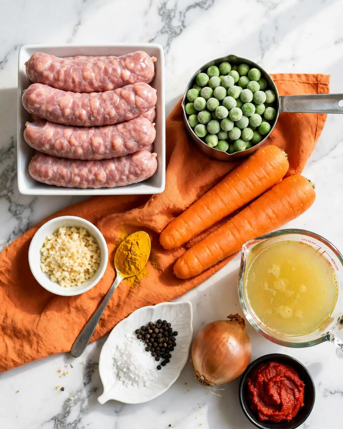 Curried Sausages Recipe 4 A white square bowl holds six raw sausages stacked in two layers, with a bumpy and shiny texture in a pinkish color. Near it, a metal measuring cup filled with round green frozen peas sits on an orange cloth that covers part of a white marbled surface. Two medium-sized, bright orange carrots with visible lines rest close by. A small white bowl contains light beige minced garlic, and next to it is a small spoon filled with bright yellow turmeric powder, placed on the orange cloth. In the bottom right, a glass measuring cup holds a yellowish broth with faint bubbles. An onion with a light brown outer layer lays on the marbled surface near a small white leaf-shaped plate holding coarse salt and black pepper. A small black bowl contains bright red tomato paste. photo taken with an iphone --ar 4:5 --v 7
