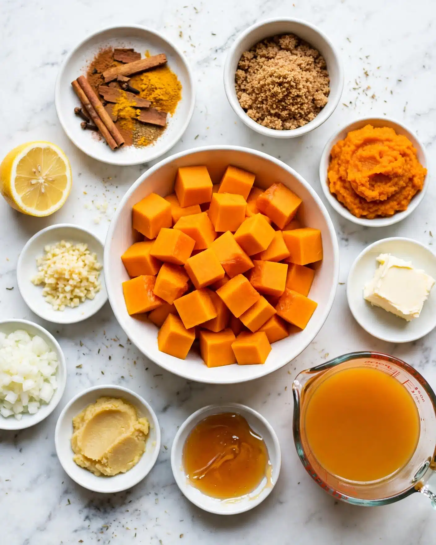 The image shows a white bowl filled with orange cubes of pumpkin placed on a white marbled surface. Around it are several small white bowls and dishes holding different ingredients: one with a mix of spices including cinnamon and turmeric, one with brown sugar, one with a bright orange mash, and one with a chunk of white butter. There is also a halved lemon, a small bowl with minced garlic, another with chopped onions, a bowl with a light yellow paste, one with honey or syrup, and a glass measuring cup filled with orange liquid. The arrangement is neat and all items are placed on the white marbled background. photo taken with an iphone --ar 4:5 --v 7