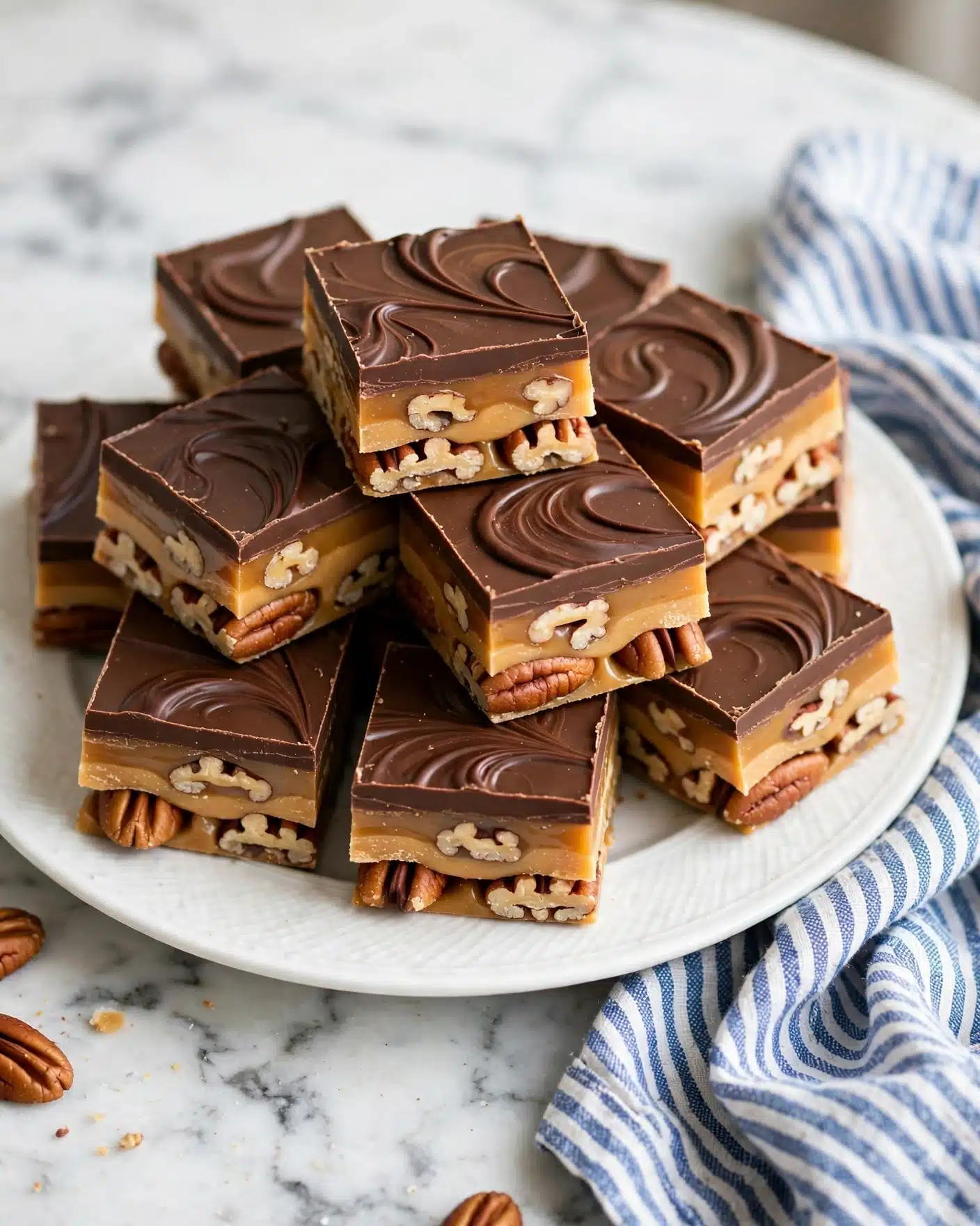 Caramel Turtle Bark Recipe 5 A white bowl is filled with many pieces of candy bars stacked in a pile. Each piece has three layers: the top layer is dark brown and smooth chocolate with a few swirled patterns, the middle layer is light brown caramel, and the bottom layer is made of mixed nuts visible inside a slightly darker caramel base. The bowl sits on a white marbled surface with a blue and white striped cloth partly visible behind it. Photo taken with an iphone --ar 4:5 --v 7