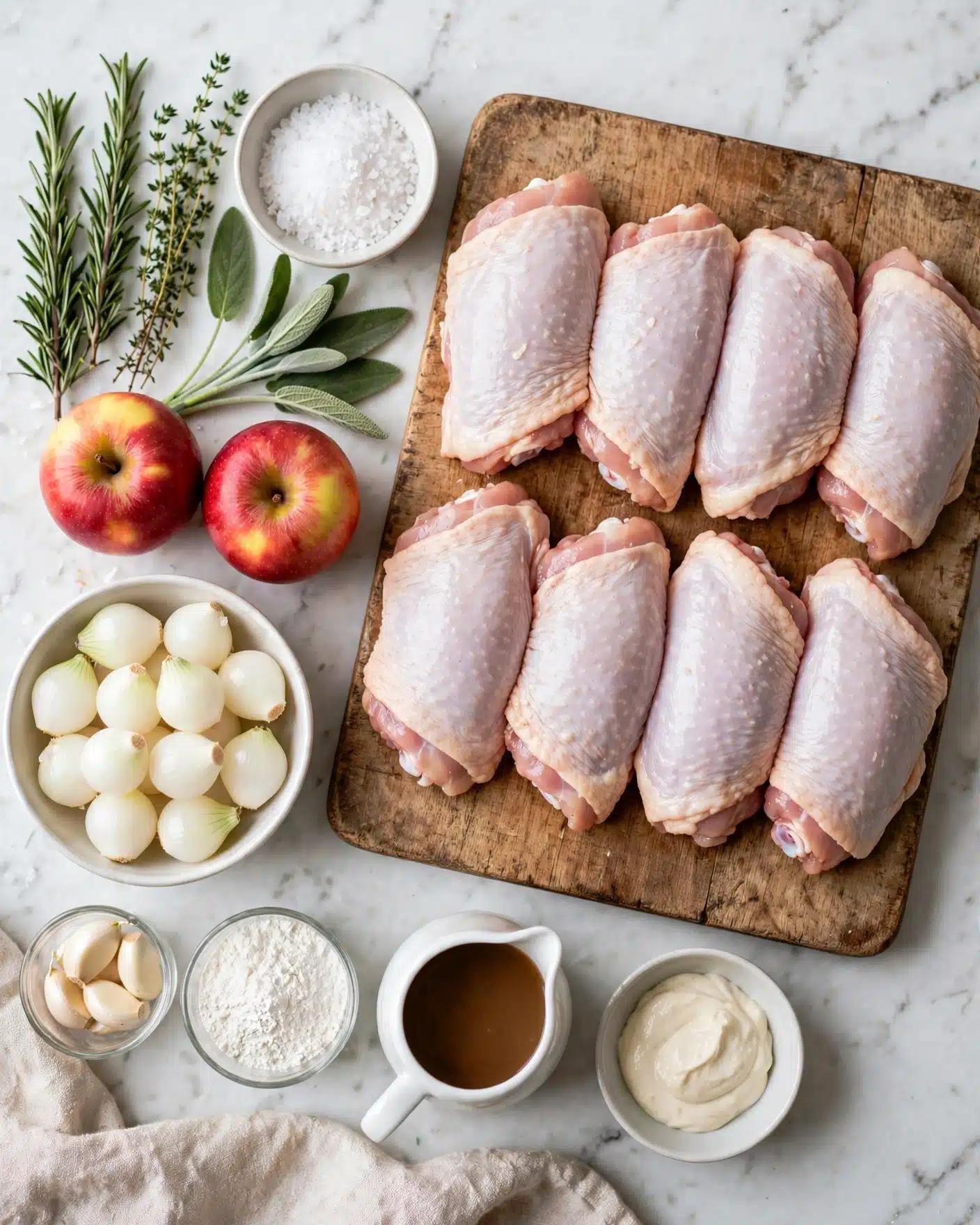 The image shows eight raw chicken thighs arranged in two rows on a wooden board placed on a white marbled surface. To the left, there is a white bowl filled with whole peeled pearl onions, and beside it, two whole red apples with yellow patches on their skin. Above the apples, fresh sprigs of rosemary, thyme, and sage lay neatly alongside a small white bowl filled with coarse salt. Below the bowl of onions, there are small glass containers holding garlic cloves, a white powdery substance, and a brown liquid in a white pitcher. Next to the pitcher, a small white bowl contains a dollop of an off-white creamy sauce. Photo taken with an iphone --ar 4:5 --v 7