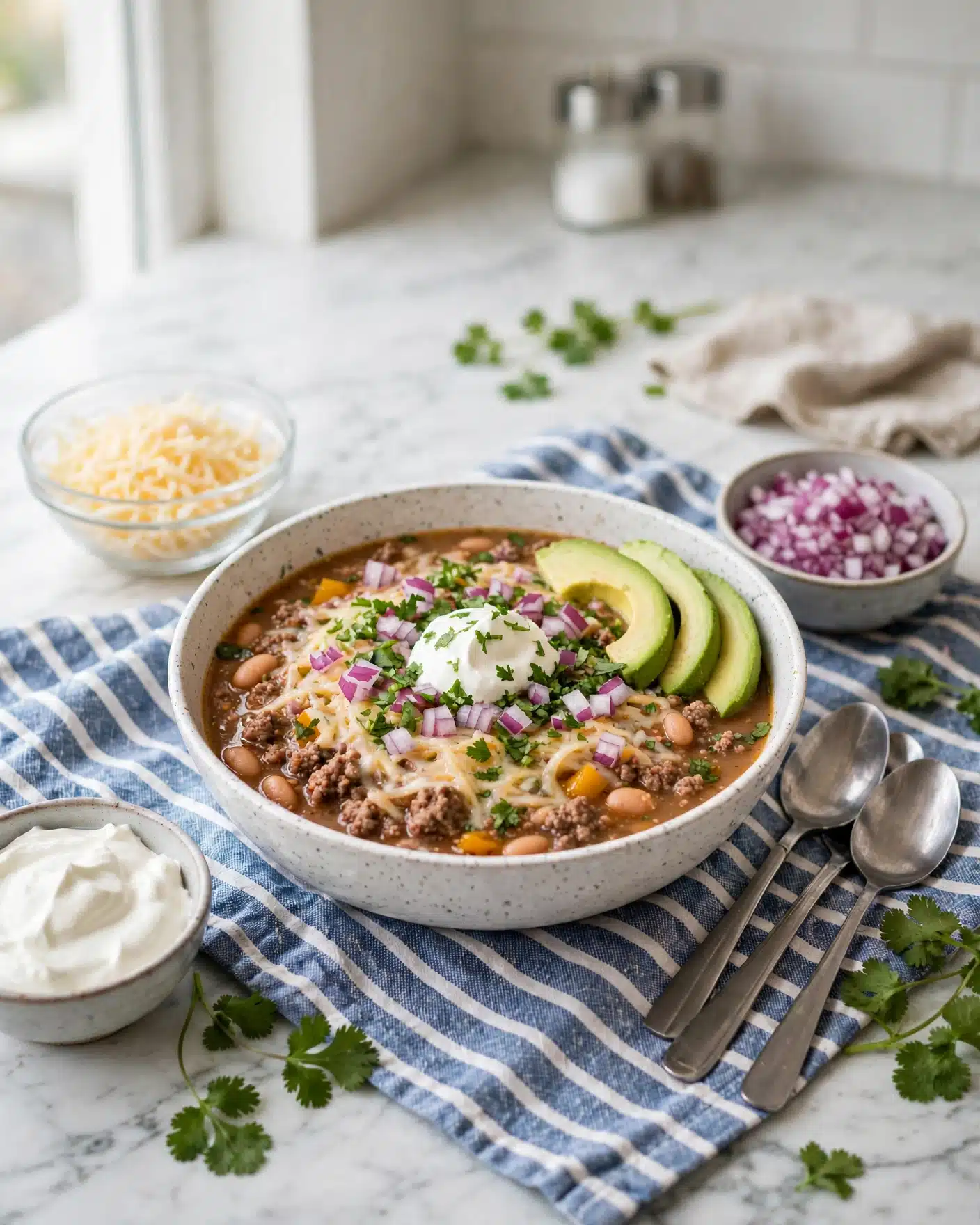 A white speckled bowl filled with a thick stew containing ground meat, white beans, and yellow bell pepper pieces in a light brown broth, topped with shredded cheese, chopped red onions, fresh green herbs, a dollop of white sour cream in the center, and four slices of green avocado on the right side; the bowl sits on a blue and white striped cloth over a white marbled surface, surrounded by a glass bowl of shredded cheese, a bowl of sour cream, a bowl of chopped red onions, three metal spoons, and a few sprigs of fresh cilantro photo taken with an iphone --ar 4:5 --v 7