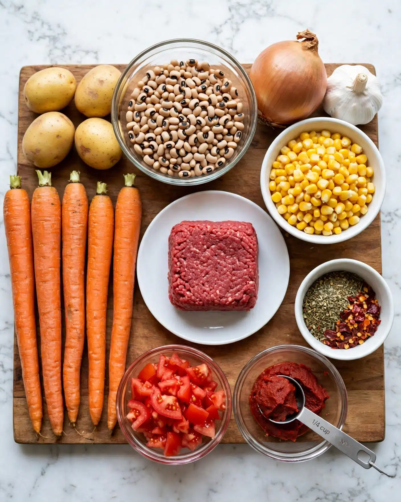 A wooden board on a white marbled surface shows fresh cooking ingredients. On the left are five long, orange carrots placed side by side. Above the carrots are four small yellow potatoes, and to their right is a clear glass bowl filled with brown black-eyed peas. Next to the peas is a small white bowl filled with yellow corn kernels. Above that, there is one large light brown onion and a bulb of white garlic. In the center of the board is a white plate holding a square block of raw red ground beef. At the bottom right are two small clear glass bowls: one with chopped red tomatoes, and the other with a small amount of red tomato paste held by a metal measuring spoon labeled 1/4 cup. Next to these bowls is a small white bowl filled with dried green and red spices. The scene is brightly lit, showing natural food textures and colors clearly. Photo taken with an iphone --ar 4:5 --v 7