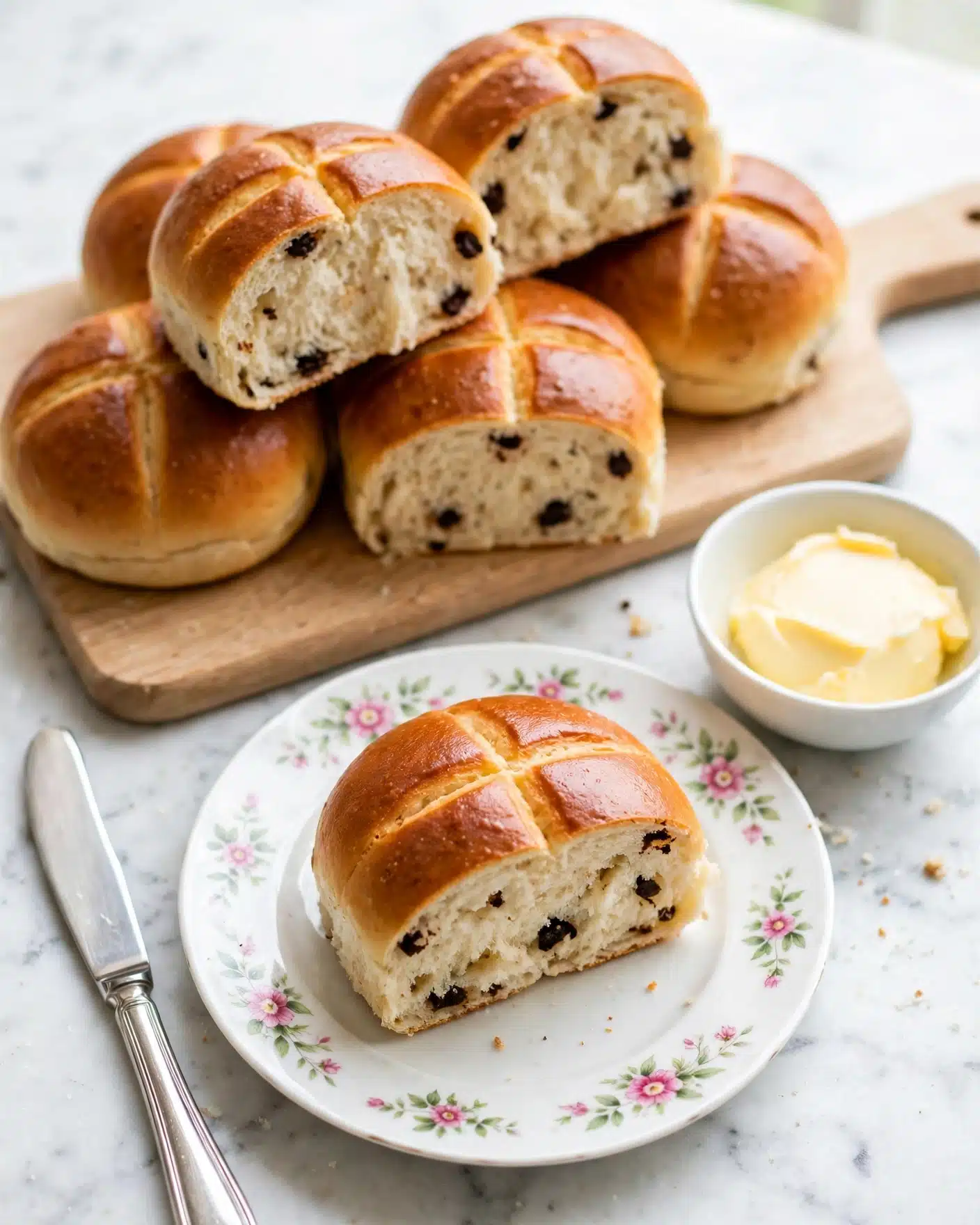 A close-up view of a pile of seven hot cross buns stacked on a wooden board on top of a white marbled textured surface. The buns feature a shiny, golden-brown crust with light beige flour crosses on the top, and inside, you can spot bits of dried fruit like cranberries that add red and dark brown speckles to the soft, light beige dough. The texture of the buns looks soft and slightly fluffy with a moist crumb. Some buns are positioned to show the tops with crosses, while others reveal the sides with bits of fruit inside. photo taken with an iphone --ar 4:5 --v 7