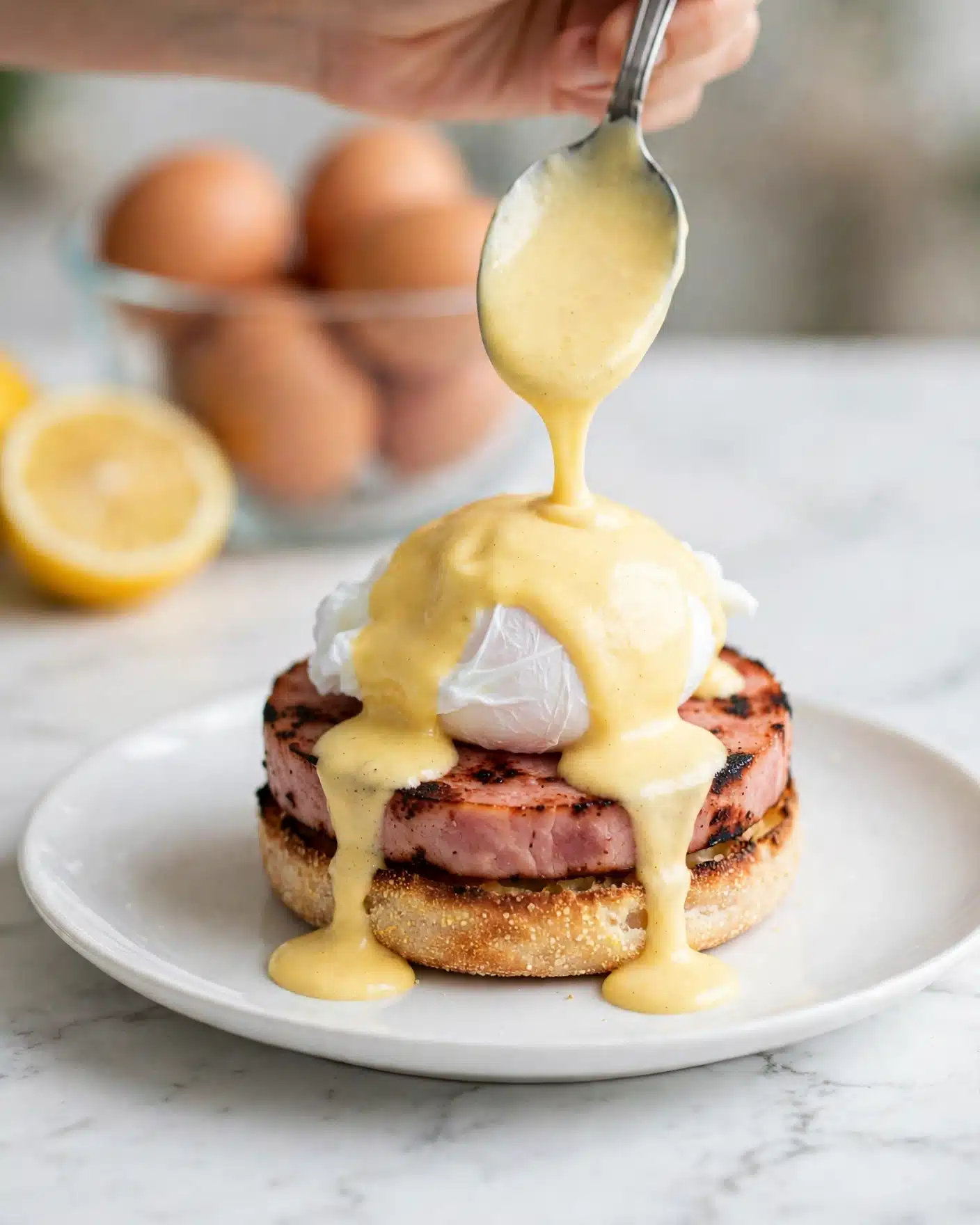 Classic Hollandaise Sauce Recipe 5 A white plate on a white marbled surface holds a three-layer stack: at the bottom is a toasted English muffin with a golden-brown textured crust, topped by a round slice of cooked ham in pink with slight char marks; above the ham, a soft, white poached egg with a smooth surface is placed in the center, covered by a thick, creamy, pale yellow hollandaise sauce dripping over the sides and onto the plate. In the background, a spoon is held by a woman's hand pouring more hollandaise sauce over the stack, with a glass bowl of brown eggs and a half-cut lemon blurred softly behind. Photo taken with an iphone --ar 4:5 --v 7