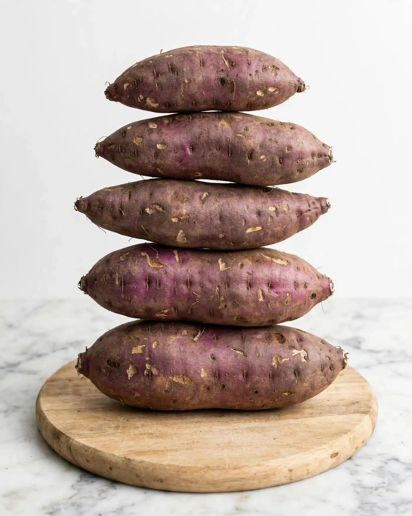 Purple Sweet Potato and Beet Soup Recipe 4 The image shows five raw purple sweet potatoes stacked on top of each other on a round wooden cutting board. The sweet potatoes have a rough texture and purplish-brown skin with some small marks and spots. The cutting board has a light wood grain and sits on a white marbled surface. The background is plain white, creating a clean and simple look. photo taken with an iphone --ar 4:5 --v 7