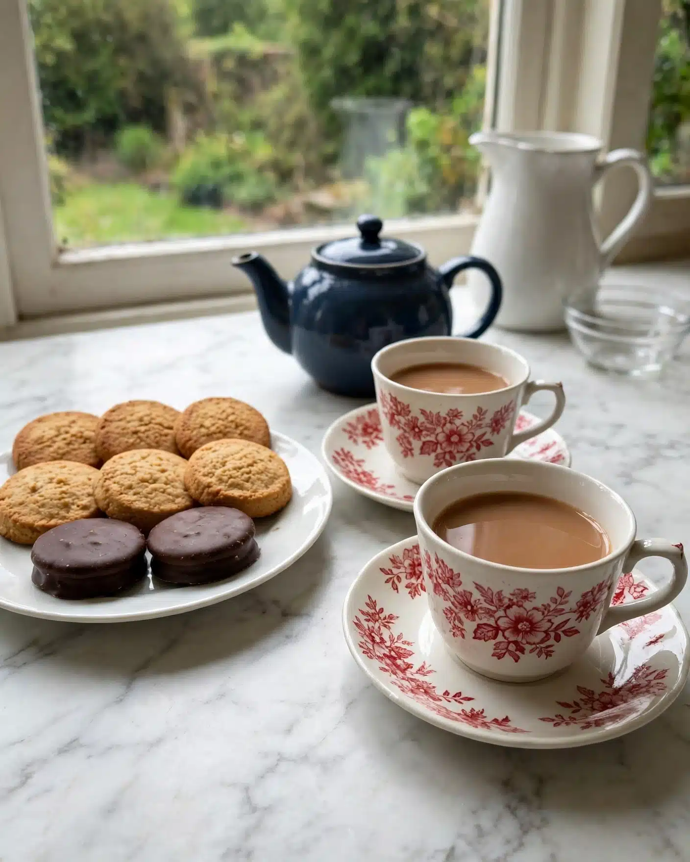 Two white cups with red floral designs filled with light brown tea sit on matching saucers on a white marbled surface. Behind them is a dark blue teapot, and to the left is a white plate with five biscuits arranged in two rows—three golden brown ones at the back and two chocolate-covered ones in front. In the background, a white pitcher and a small clear bowl are visible near a window with green scenery outside. The photo is taken with an iphone --ar 4:5 --v 7