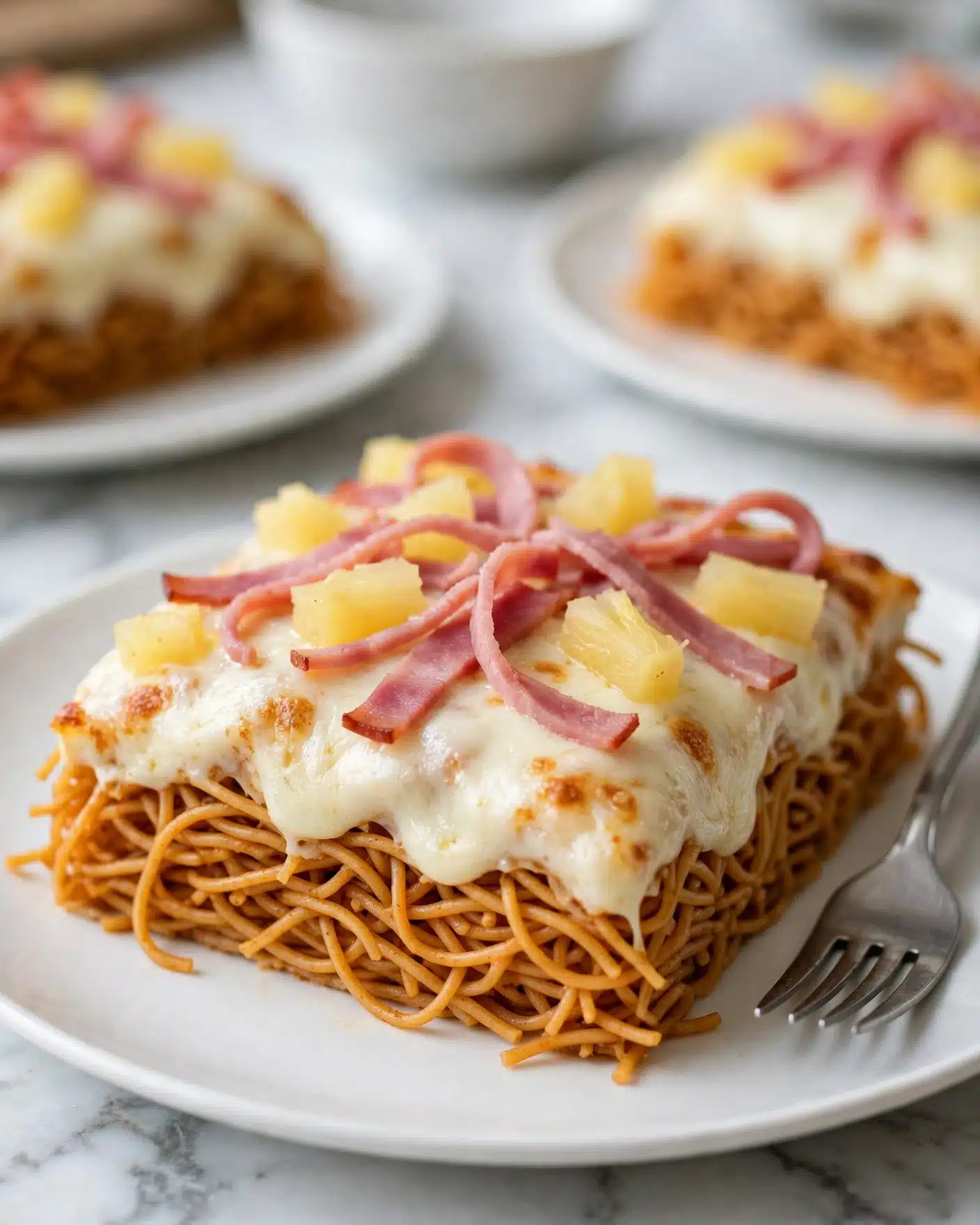 The image shows a round pizza on a clear glass dish placed on a white marbled surface. The pizza has a crispy, golden-brown crust. The first layer is melted white cheese that covers the whole pizza. On top of the cheese, there are pieces of pink ham spread evenly across the pizza. Large yellow pineapple chunks are scattered on top of the ham. The pizza is cut into eight triangular slices. Around the pizza, there are small white bowls with shredded cheese, dried herbs, and a white bowl with pineapple pieces, along with two forks on a white plate and a white cloth with red stripes. A small bowl of red sauce with a spoon, salt and pepper shakers, and a cheese grater are also visible around the pizza. photo taken with an iphone --ar 4:5 --v 7
