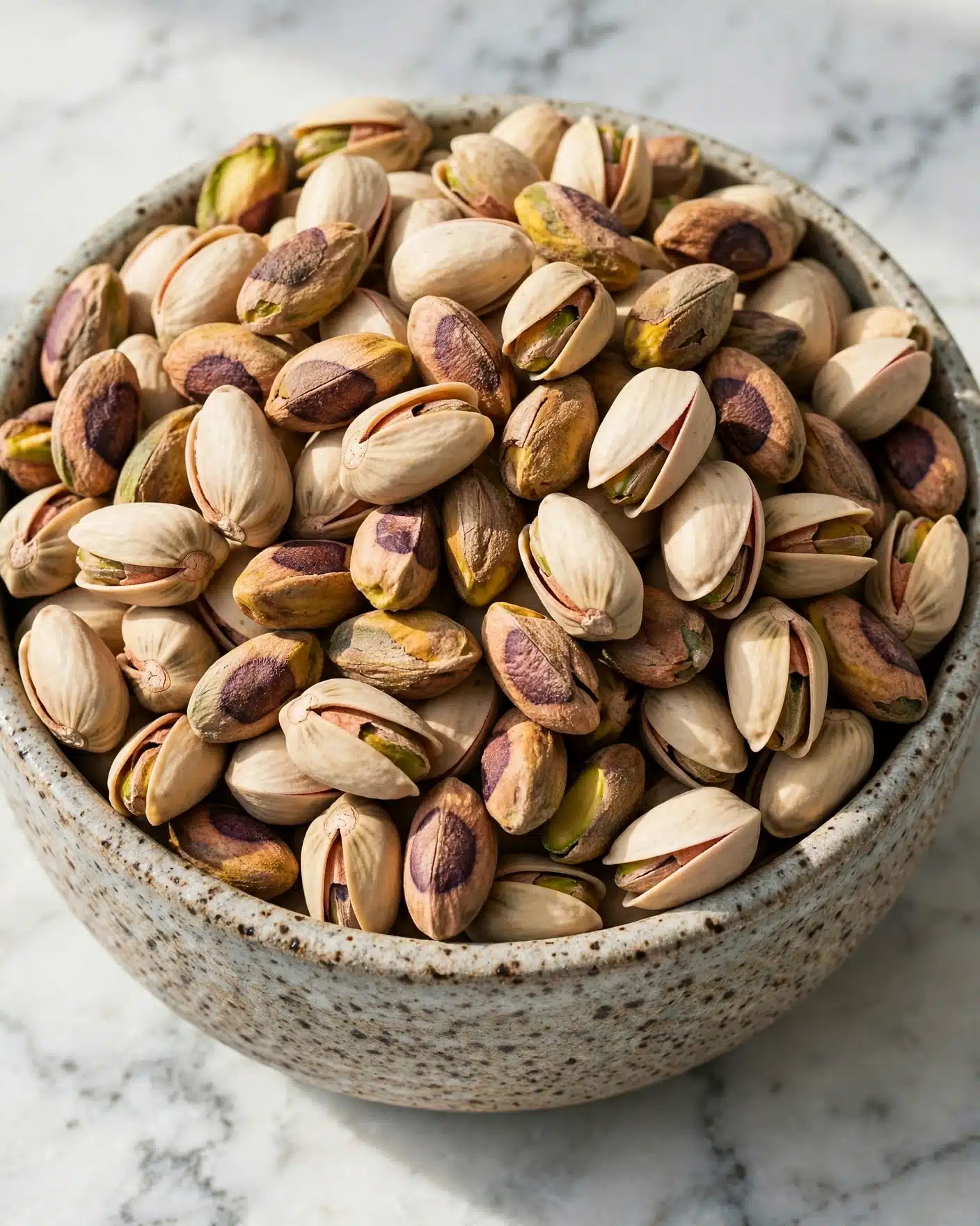 A close-up view of a round speckled ceramic bowl filled with many pistachio nuts in their shells. The pistachios show a mix of green, yellow, and brown shades with rough textures, stacked so they nearly overflow the bowl. The bowl sits on a white marbled surface with soft natural light highlighting the different colors and textures of the nuts. photo taken with an iphone --ar 4:5 --v 7