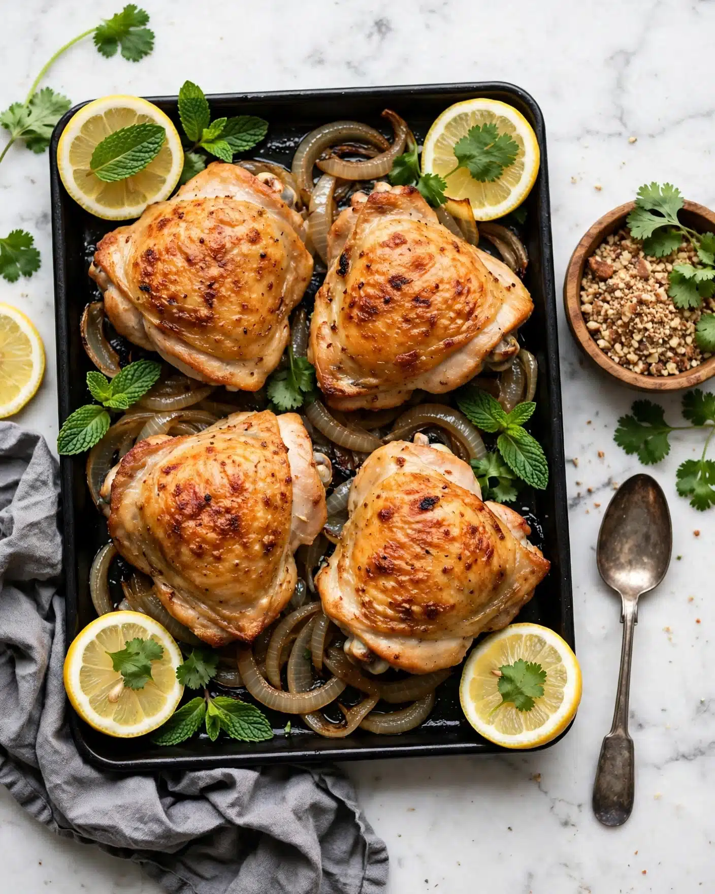 Speedy Sheet Pan Chicken Shawarma Recipe 4 A black rectangular tray holds four golden-brown roasted chicken thighs with a slightly crispy texture on top, layered on cooked caramelized onion slices that are soft and translucent, showing light brown color, scattered throughout and under the chicken pieces. The tray is decorated with fresh green mint and cilantro leaves peeking out around the edges and in between the chicken. Bright yellow lemon slices, some topped with mint leaves, are placed on the tray edges, adding fresh color contrast. To the side on the white marbled surface, there’s a small round wooden bowl filled with crushed nuts and fresh cilantro sprigs nearby, alongside an old silver spoon. A crumpled gray cloth napkin rests partly under the tray. The photo taken with an iphone --ar 4:5 --v 7