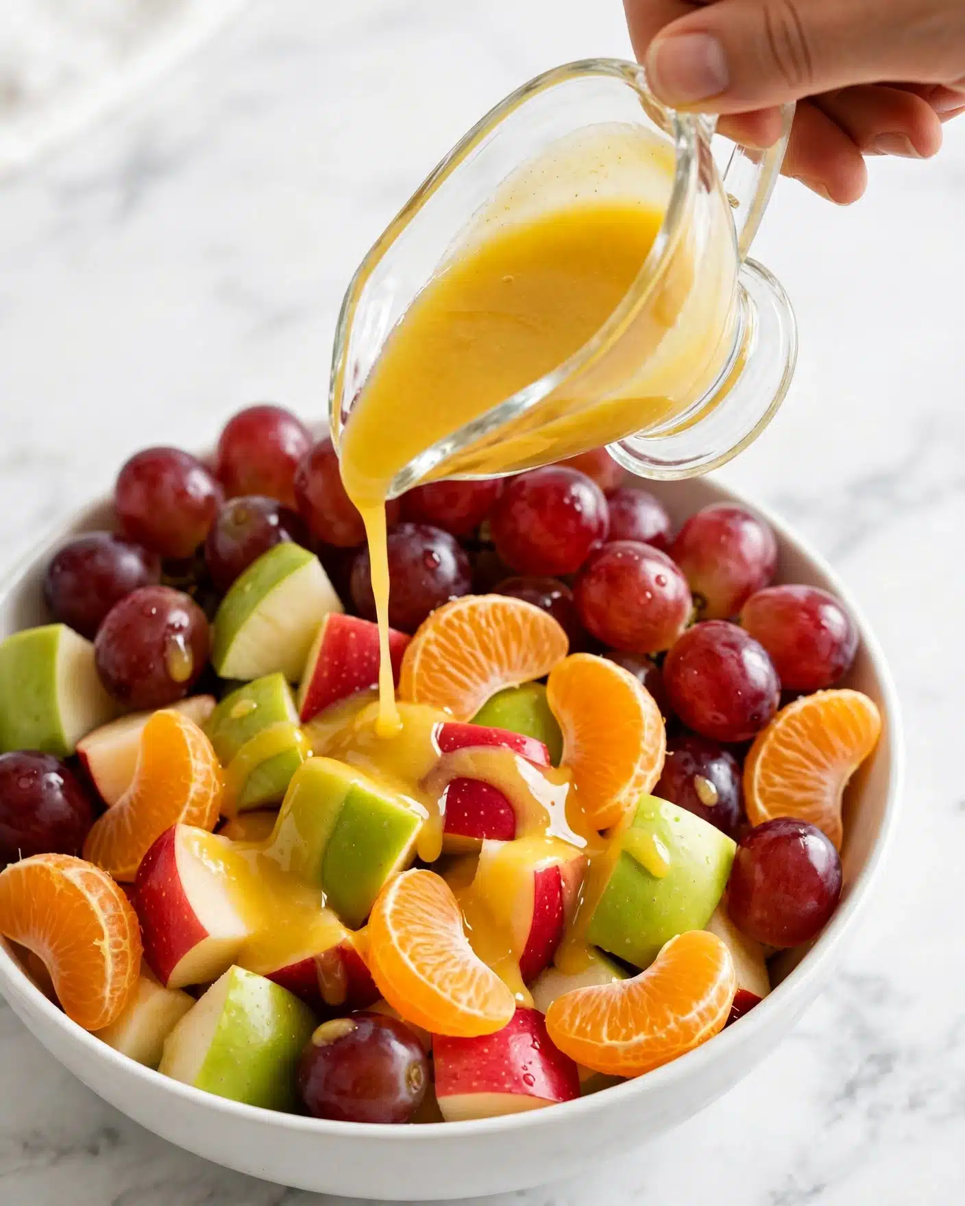 Fall Fruit Salad Recipe 5 A close-up view of a white bowl filled with a colorful mix of fruit salad, including layers of shiny red grapes, green apple chunks with skin, red apple pieces with skin, and bright orange segments. On top, a thick, golden yellow liquid dressing is being poured from a clear glass container held by a woman's hand, dripping smoothly onto the fruit. The bowl rests on a white marbled surface, creating a clean and fresh background. photo taken with an iphone --ar 4:5 --v 7