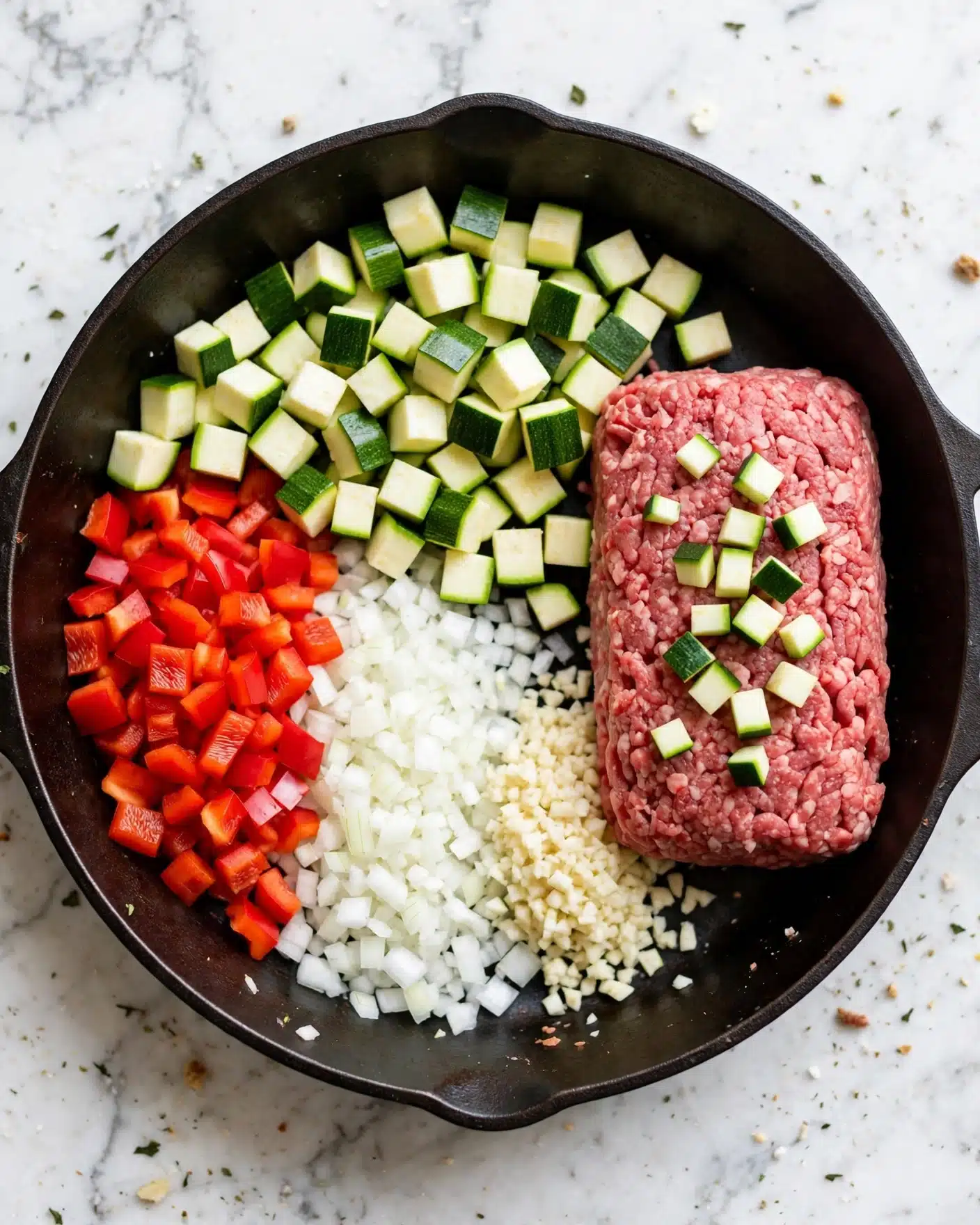 Inside a dark pan placed on a white marbled surface, there are five distinct layers of ingredients arranged side by side. On the right side, a thick block of raw ground meat shows a pink and red texture with some small green vegetable cubes on top. To the left of the meat, minced white garlic rests in a small heap, while further left, finely chopped white onions form a dense layer. Adjacent to the onions, a bunch of small, bright red diced pieces of bell pepper adds a bold splash of color. Above the garlic and bell pepper, evenly cut small cubes of green zucchini show a fresh, vibrant look. The ingredients are raw and neat, filling the pan without any cooking yet. Photo taken with an iphone --ar 4:5 --v 7