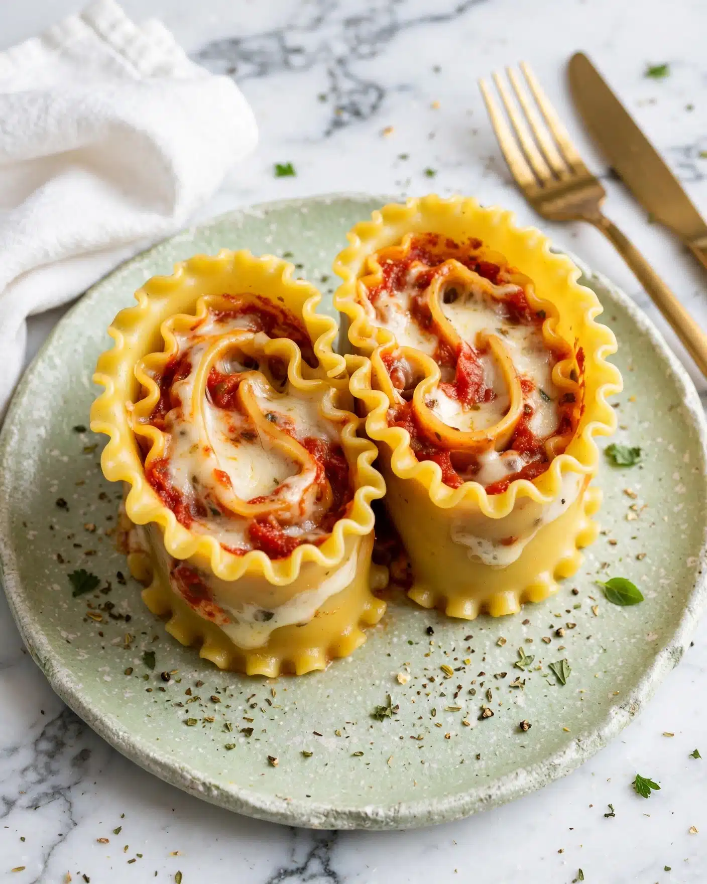 Two rolled pieces of lasagna sit upright on a light green white plate with a rough texture. Each piece has a yellow pasta outer layer with ruffled edges, wrapping around visible layers of melted white cheese and red tomato sauce inside. Small specks of seasoning are scattered around the plate. In the background, a folded white napkin and gold-colored fork and knife rest on a white marbled surface. photo taken with an iphone --ar 4:5 --v 7