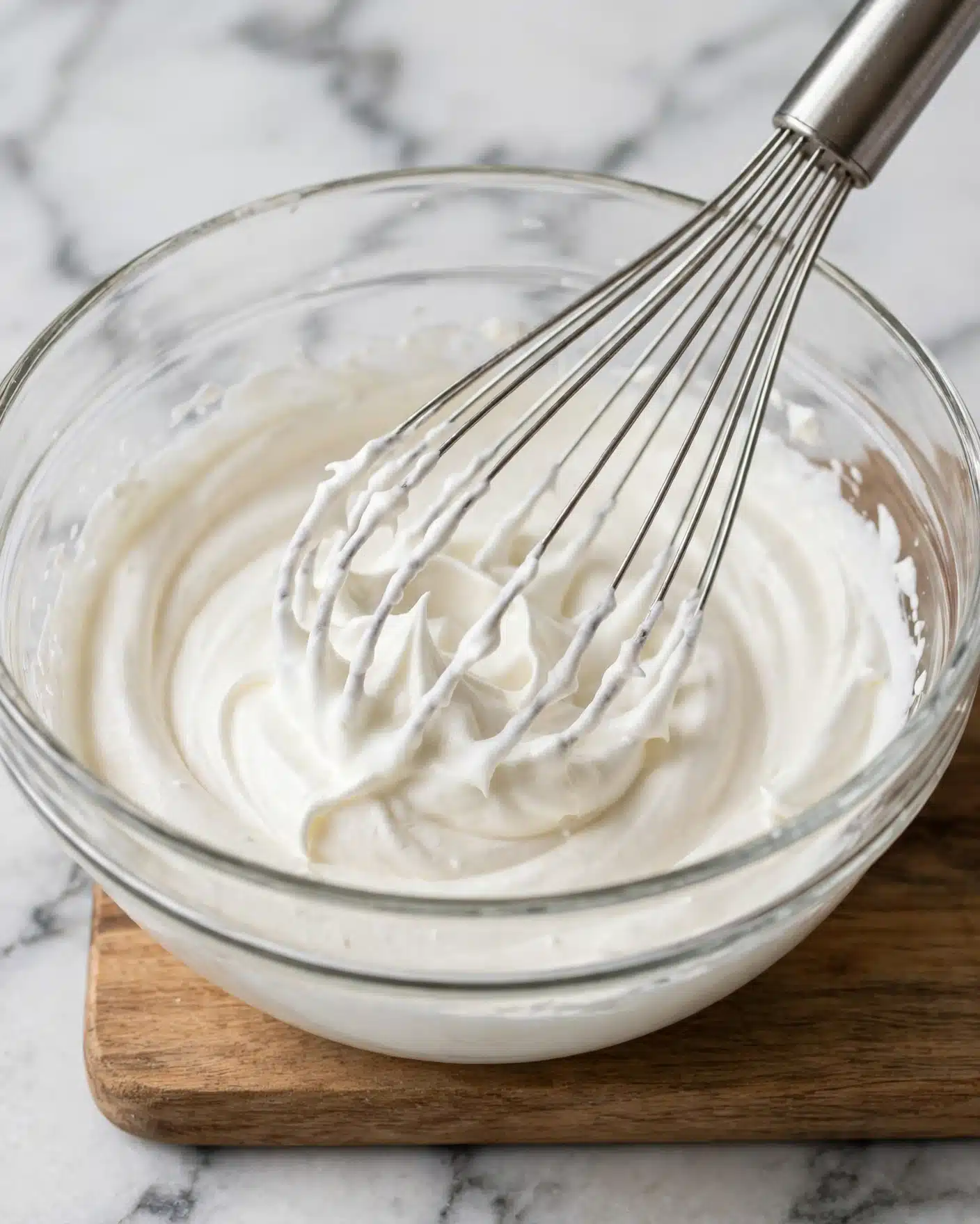 A clear glass bowl filled with a smooth, creamy white mixture being whisked by a silver metal whisk. The mixture looks thick and soft with some small peaks around the whisk wires. The bowl is placed on a wooden board, and the background is a white marbled surface. photo taken with an iphone --ar 4:5 --v 7