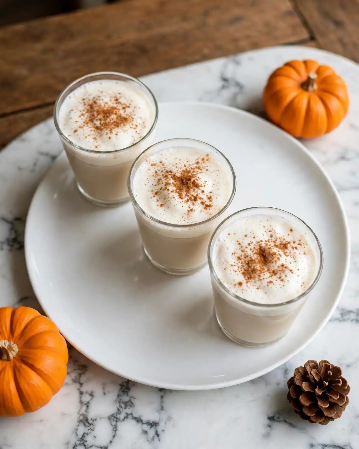 Three clear glasses filled with a creamy, light beige drink topped with a thick white foam layer sprinkled with brown cinnamon powder are arranged diagonally on a large white plate set on a white marbled surface. Around the plate, there are two small orange pumpkins with a smooth texture and one brown pine cone. The background is a wooden table. Photo taken with an iphone --ar 4:5 --v 7