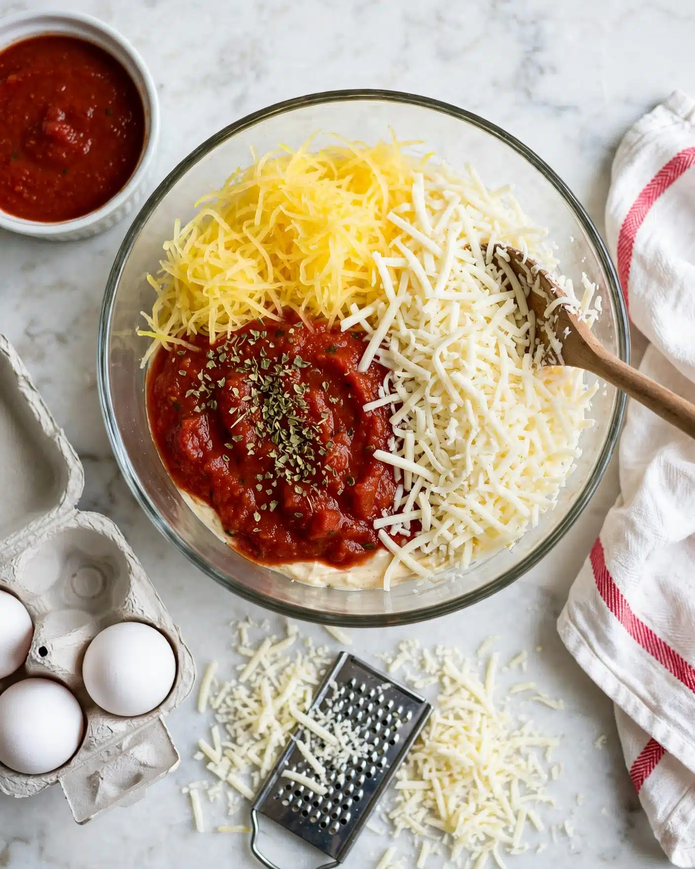 A clear glass bowl sits on a white marbled surface, filled with four distinct layers visible from above: yellow shredded squash or spaghetti squash on the top left, red tomato sauce with herbs including green dried oregano in the middle, and white shredded cheese covering the right side. A wooden spoon rests inside the bowl on the right side with some cheese on it. Around the bowl, there is a small white bowl with red sauce in the upper left, a white egg carton with three white eggs on the lower left, and a metal grater with shredded cheese scattered below the bowl. A white cloth with red stripes is on the right side. Photo taken with an iphone --ar 4:5 --v 7
