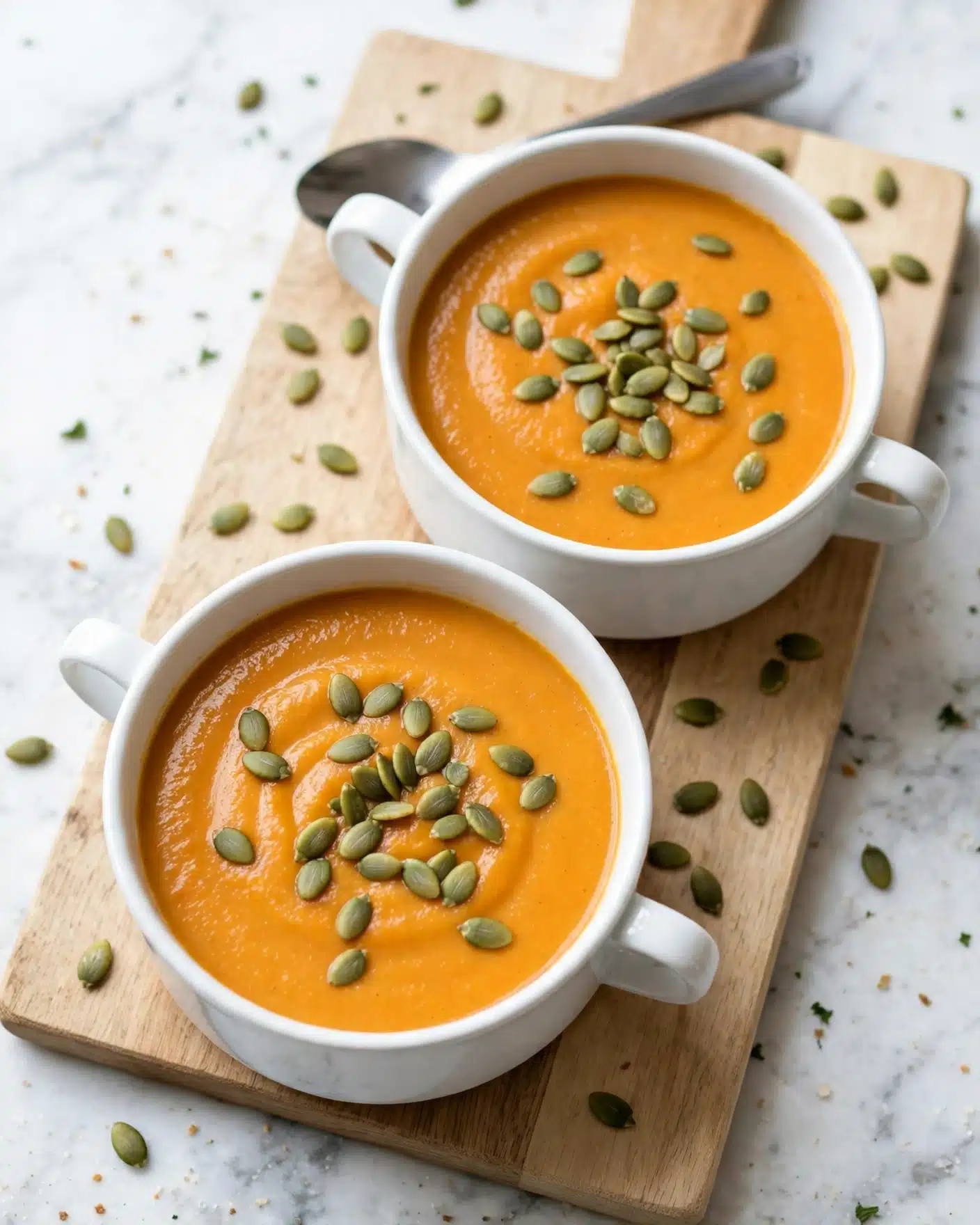 Two white bowls filled with smooth orange soup, placed on a light wooden board over a white marbled surface. Each bowl has two small handles on the sides and is topped with scattered green pumpkin seeds. The soup looks thick and creamy with a shiny texture, and the pumpkin seeds add a rough contrast on the flat soup surface. A spoon is positioned near the back bowl, lying on the wooden board. There are additional pumpkin seeds scattered on the board around the bowls. photo taken with an iphone --ar 4:5 --v 7