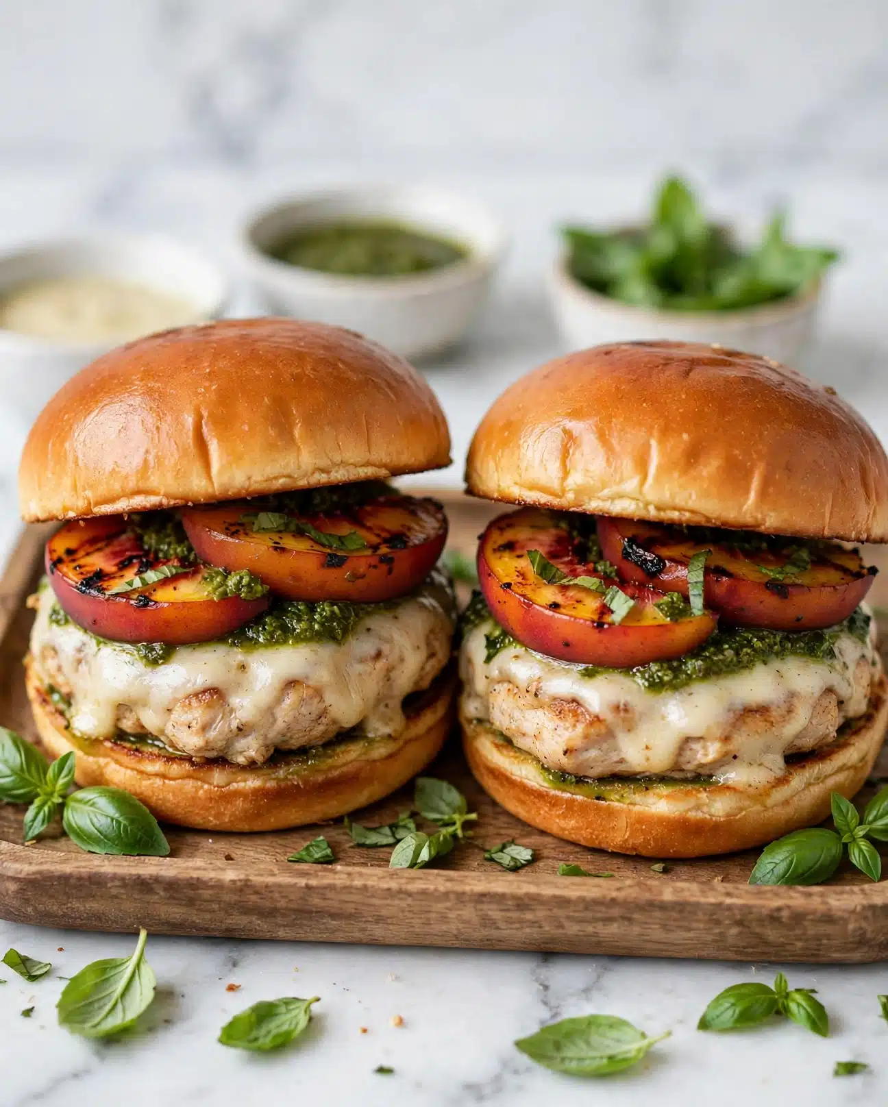 Peach Caprese Burgers Recipe 5 The image shows a close-up of a stacked burger with multiple layers set on a white marbled surface. The bottom layer is a toasted golden-brown bun, topped with a grilled chicken patty with melted white cheese slightly oozing over the edges. Above the cheese are two thick slices of grilled yellow-orange peach with red edges, each topped with small dollops of green pesto and sprinkled with thin strips of fresh green basil. The top layer is a shiny, soft, golden-brown toasted bun. The textures are rich, with the juicy peaches and melted cheese contrasting the crisp bun and fresh herbs. Photo taken with an iphone --ar 4:5 --v 7