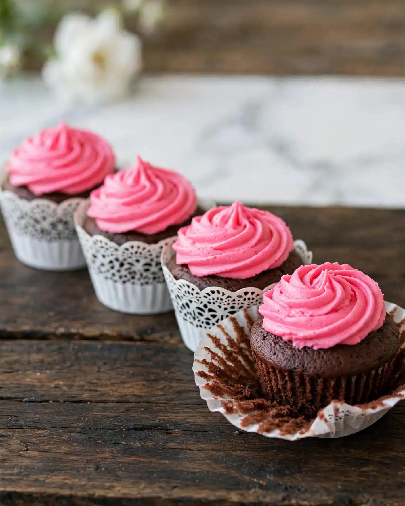 Double Chocolate Beet Cupcakes Recipe 5 There are four chocolate cupcakes in a row on a dark wooden surface with a white marbled background. Each cupcake has a swirl of bright pink frosting on top, with one cupcake in the front having its wrapper peeled down, showing its moist, dark brown chocolate cake inside. The cupcake wrappers are white with black lace patterns. In the background, there is a soft, out-of-focus white flower adding a gentle touch to the scene. The photo taken with an iphone --ar 4:5 --v 7