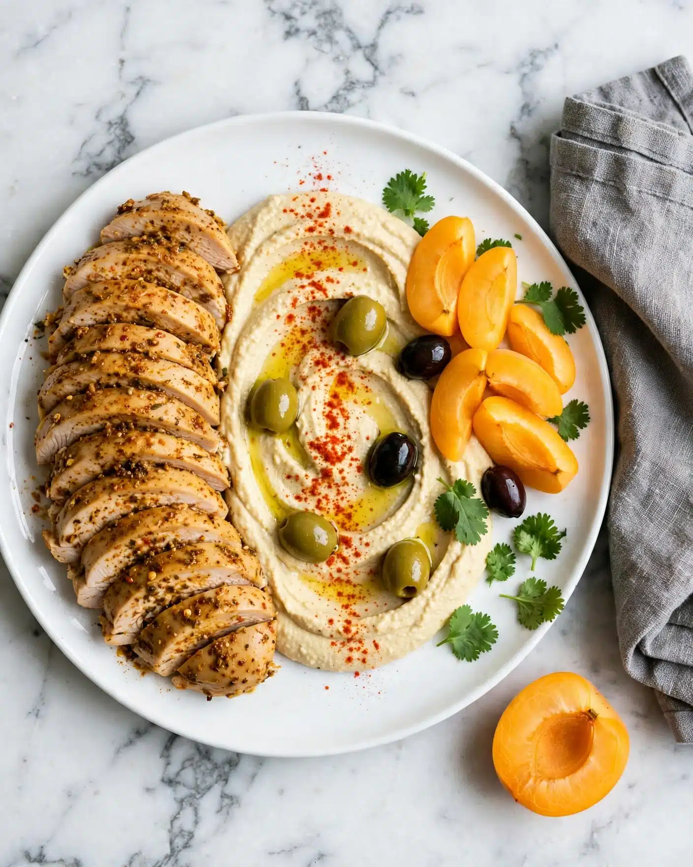 Speedy Sheet Pan Chicken Shawarma Recipe 5 A white plate holds a visually rich dish with three main layers, all arranged side by side. On the left, there is a layer of sliced cooked chicken with a light brown spicy coating, arranged in a neat overlapping pattern. In the middle, a smooth, creamy hummus layer swirled gently and topped with a drizzle of golden olive oil and dusted with red paprika, garnished with green olives and a few black olives. The right side has slices of yellow apricot placed near the hummus, with fresh green cilantro leaves scattered across the plate for color. The plate is set on a white marbled surface with an apricot half nearby and a gray cloth beside it. Photo taken with an iphone --ar 4:5 --v 7