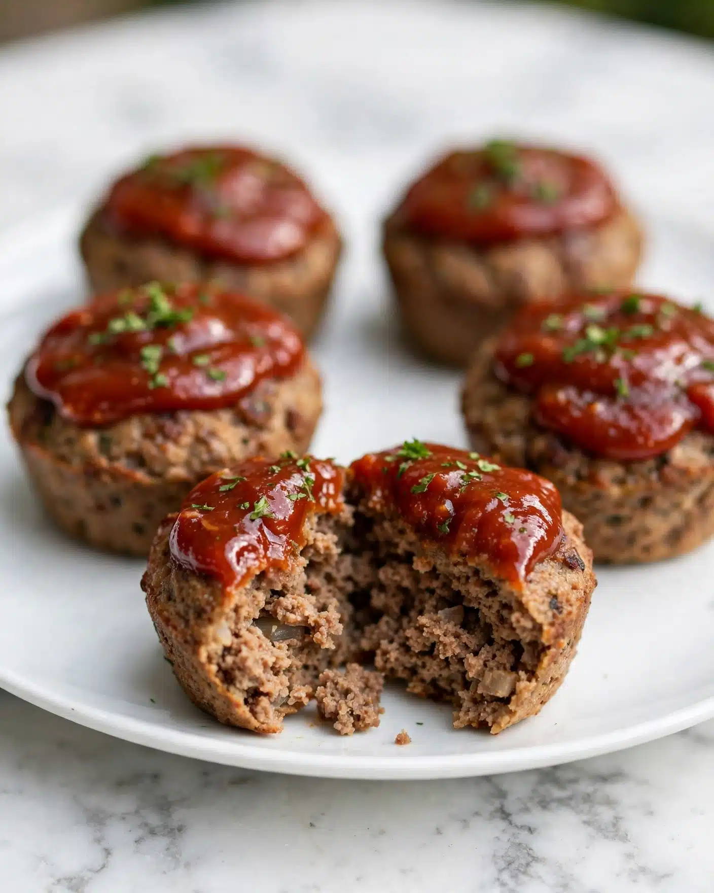 Mini Meatloaf Muffins Recipe 5 A white plate with small round meatloaf muffins, each topped with a thick, shiny red sauce and sprinkled with green herbs. The muffins show a crumbly brown texture inside, with one muffin broken open in the front, revealing the moist interior. The plate sits on a white marbled surface, and the close-up view focuses on the front muffin while the others softly blur in the background. photo taken with an iphone --ar 4:5 --v 7