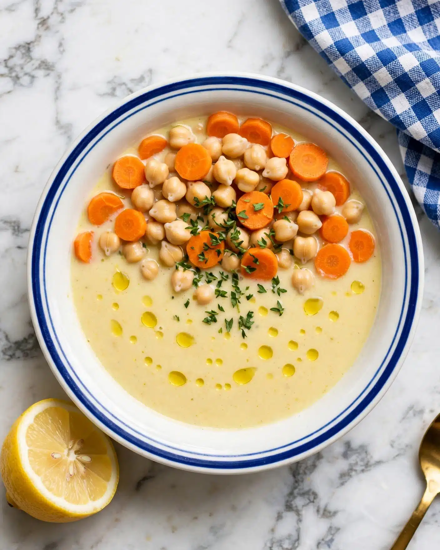 Greek Chickpea Soup (Revithia) Recipe 5 A creamy soup served in a white bowl with a blue rim, filled with two main layers: the bottom layer is a smooth, light yellow broth with small drops of olive oil on the surface, and the top layer has small white chickpeas, orange carrot slices, and little green herb sprinkles scattered mostly in the center. There is a blue and white checkered cloth in the top right corner and half a lemon on the bottom left, on a white marbled surface. A golden spoon is slightly visible on the bottom right edge. Photo taken with an iphone --ar 4:5 --v 7