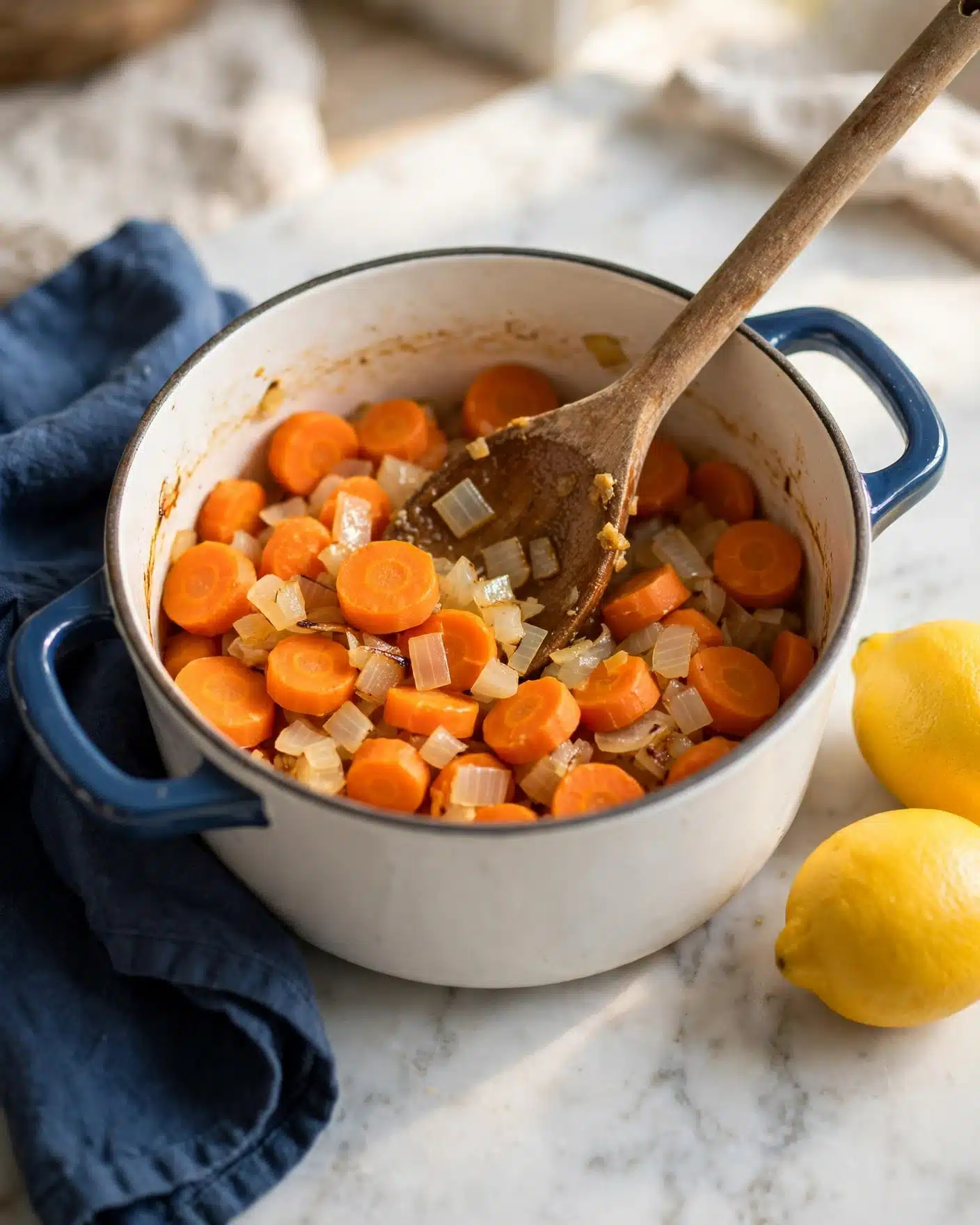 Greek Chickpea Soup (Revithia) Recipe 4 Inside a white pot with blue handles, cooked round orange carrot slices and small pieces of translucent cooked onion are mixed together. A long wooden spoon rests inside the pot over the vegetables, showing a mix of soft textures and light browning on the sides. The pot sits on a white marbled surface next to a dark blue cloth and two yellow lemons on the right side. The overall setting has a warm and fresh look. photo taken with an iphone --ar 4:5 --v 7