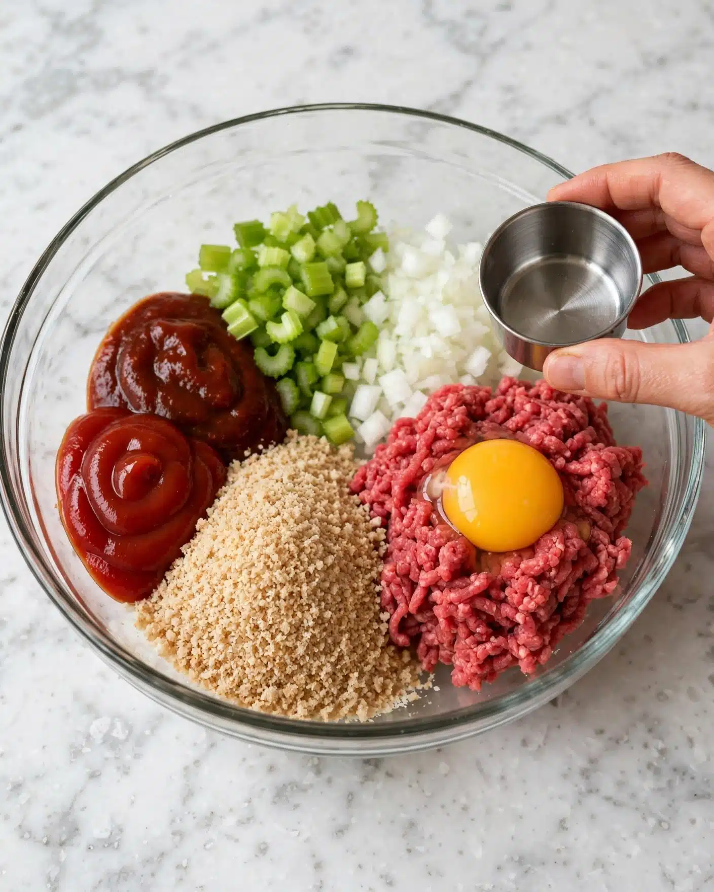 Mini Meatloaf Muffins Recipe 4 A clear glass bowl on a white marbled surface holds separate layers of ingredients for making meatloaf. On one side is bright red ketchup and a darker red sauce. Next to them is a large pile of light brown breadcrumbs. Fresh green chopped celery is layered next to finely chopped white onions. On the other side is ground raw beef with a raw egg yolk sitting on top. A woman's hand holds a small metal cup near the bowl. The image is vivid and detailed, showing the fresh texture of each ingredient photo taken with an iphone --ar 4:5 --v 7